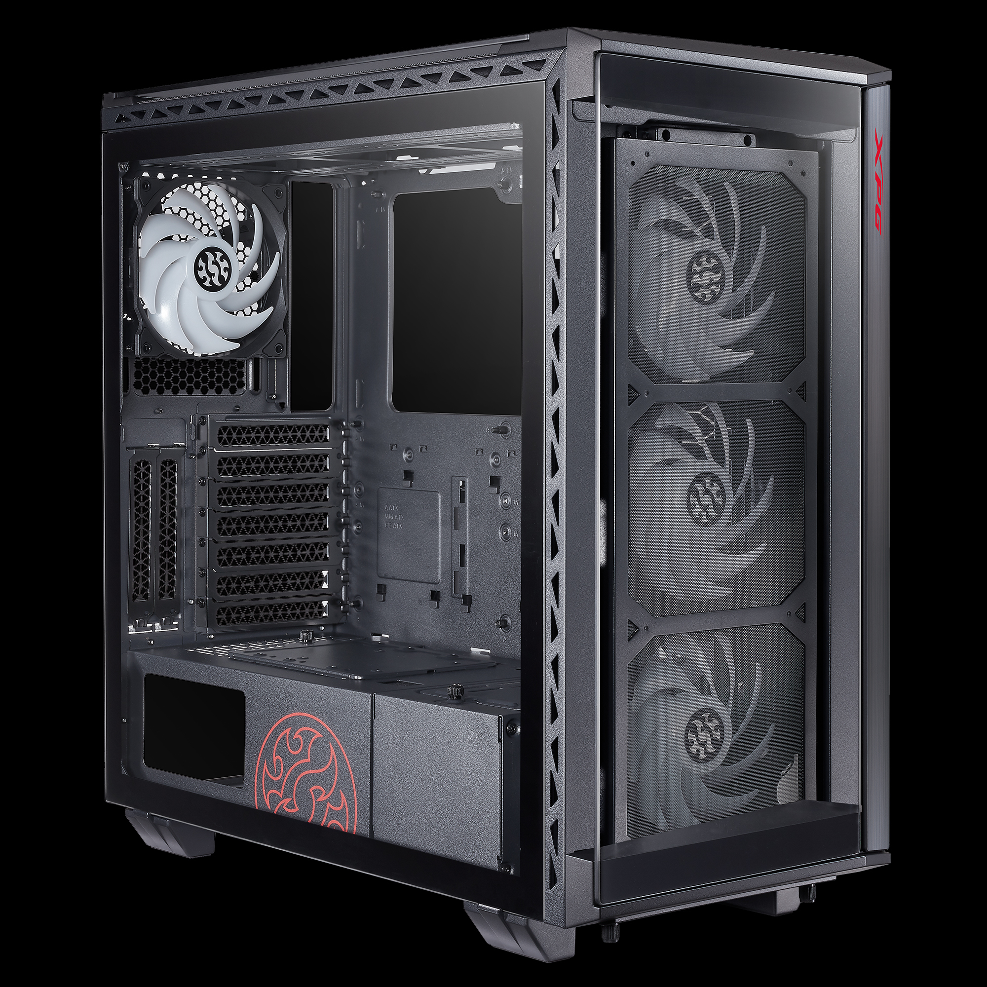 Un case per computer nero con frontale in vetro e ventole.