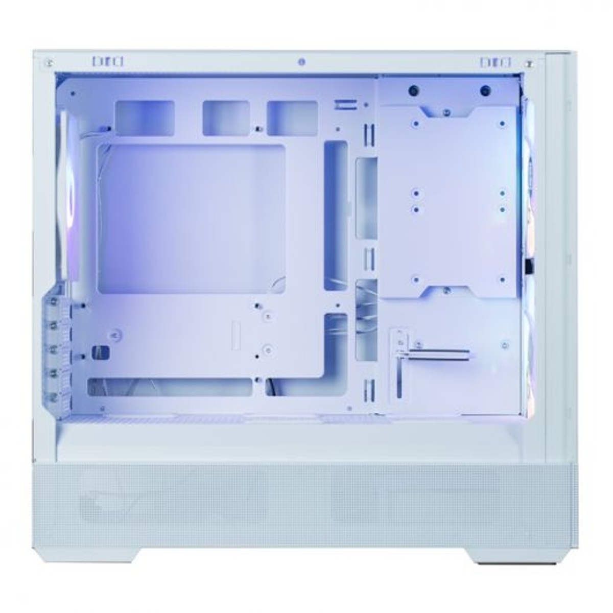 Vista interna di un case PC bianco con illuminazione blu.