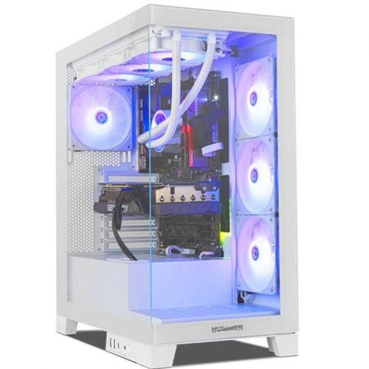 Un case PC bianco con ventole RGB e componenti interni visibili.