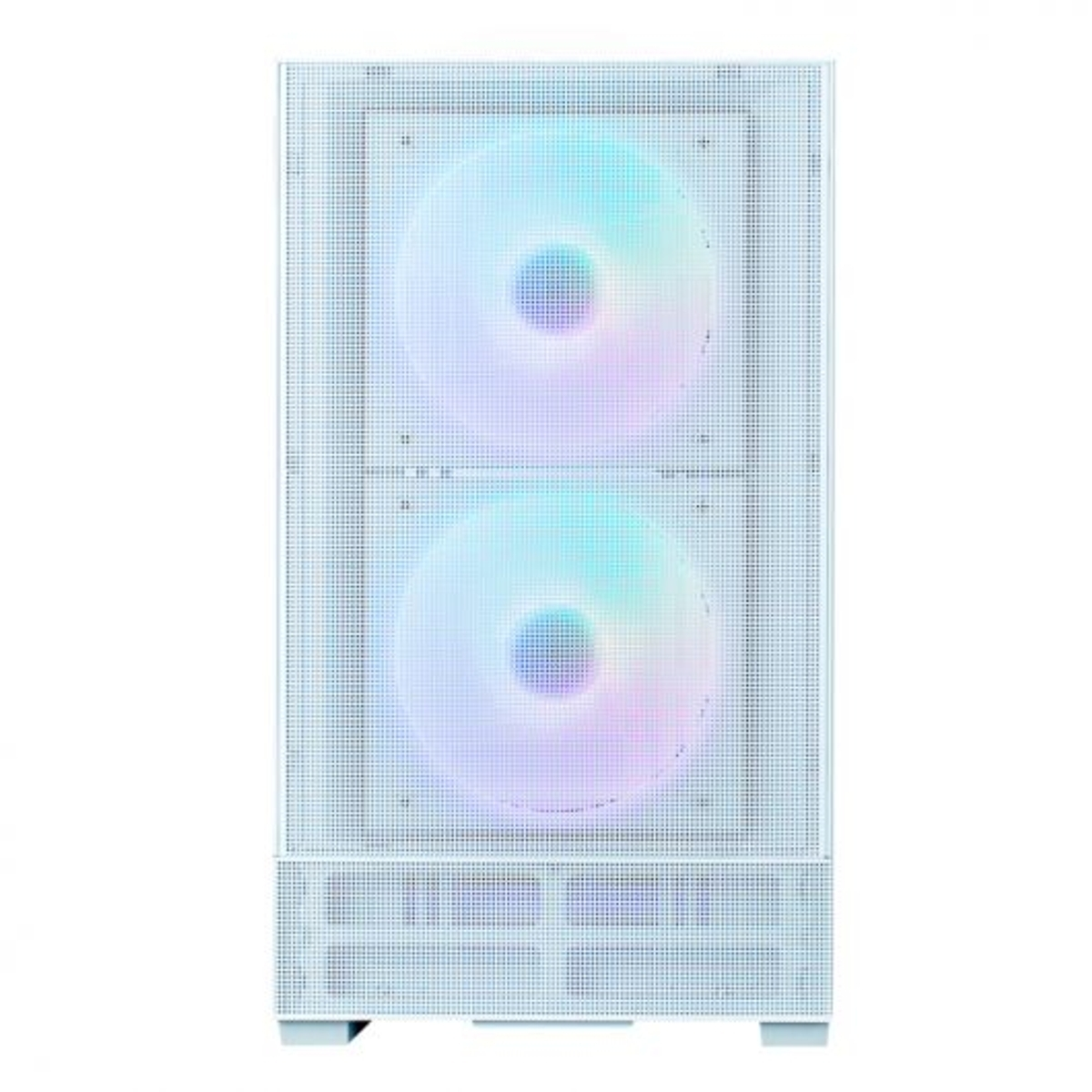 Un case PC bianco con due ventole illuminate e pannello frontale traforato.