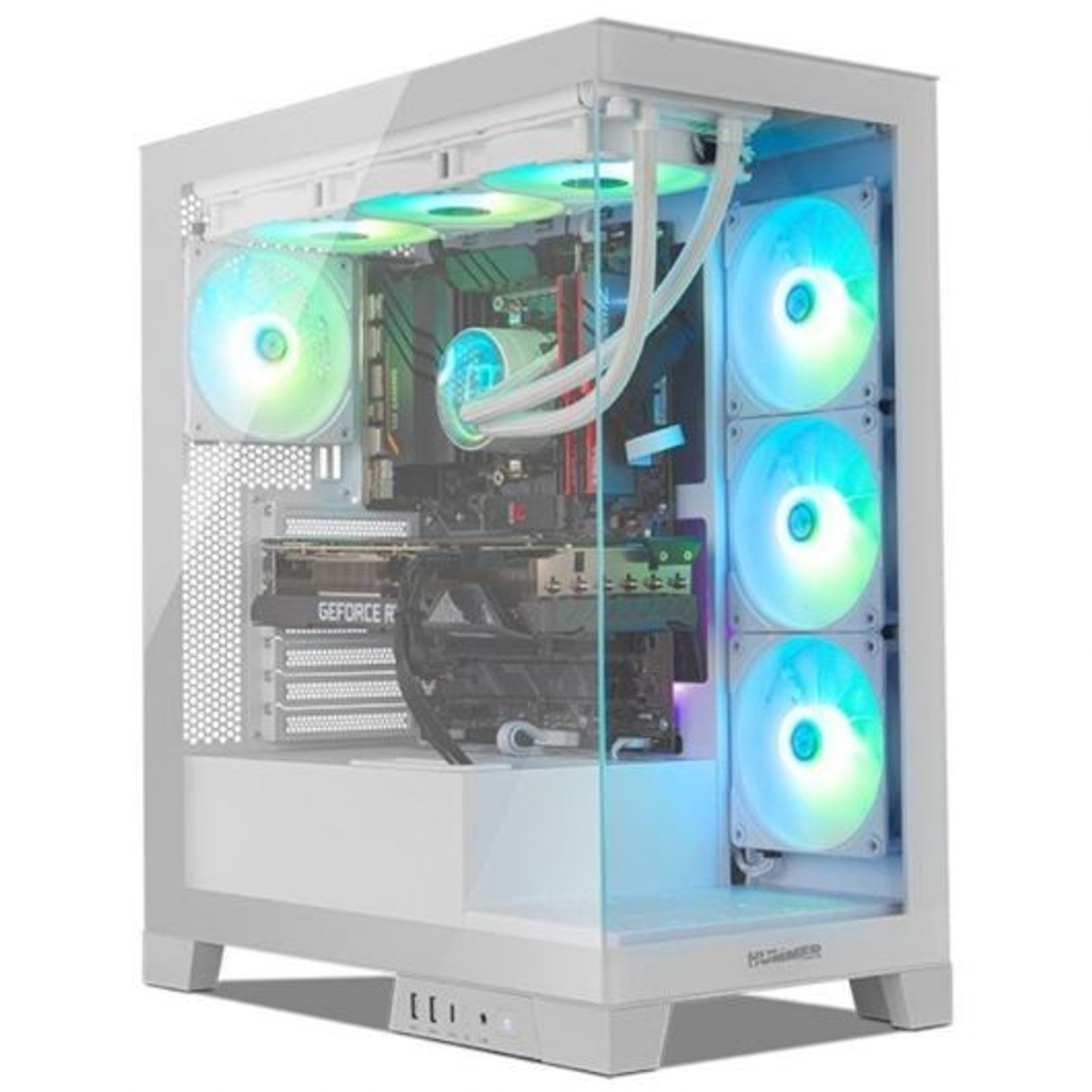 Un case per PC bianco con ventole illuminate e componenti interni visibili.