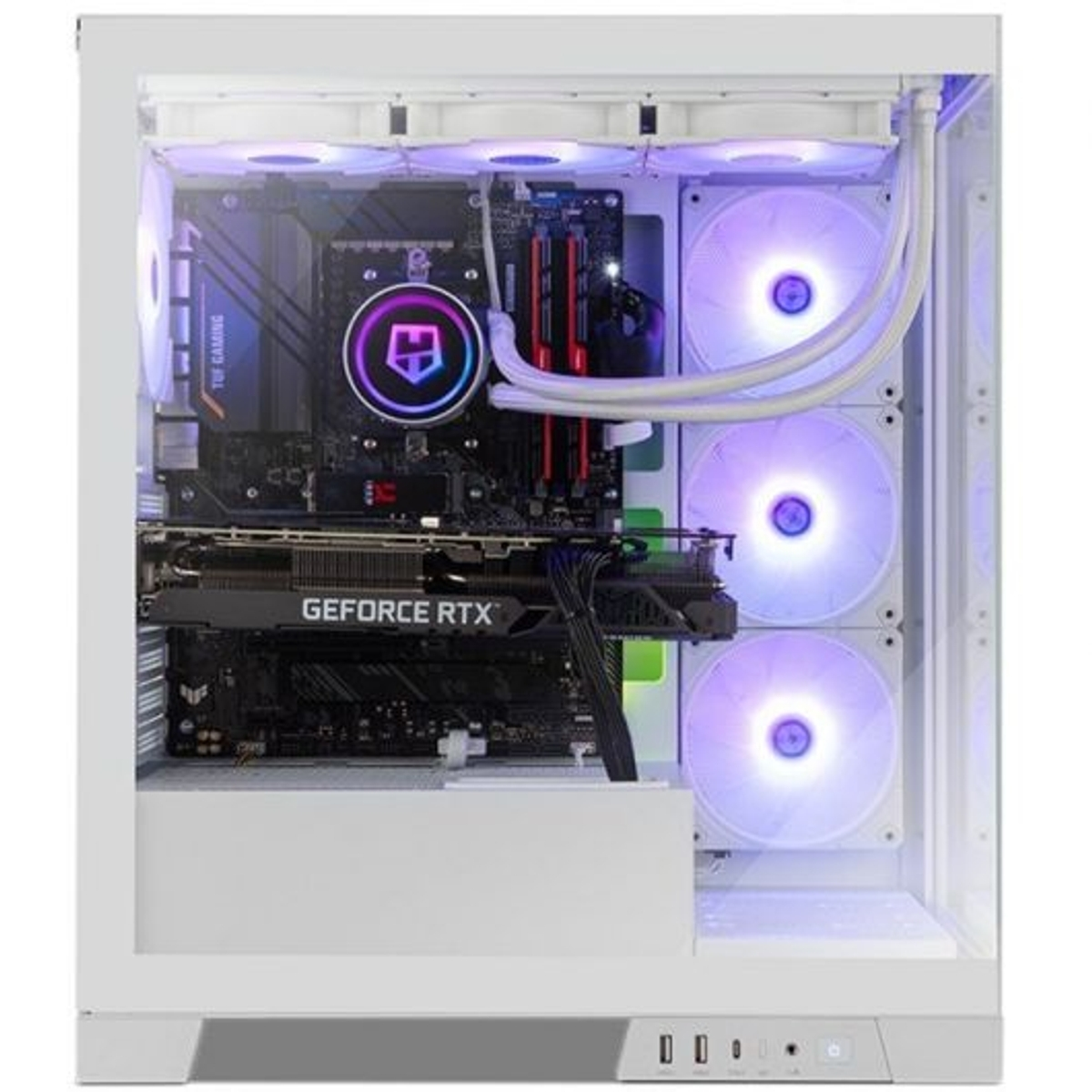 Un PC bianco aperto con ventole RGB, scheda grafica e scheda madre.