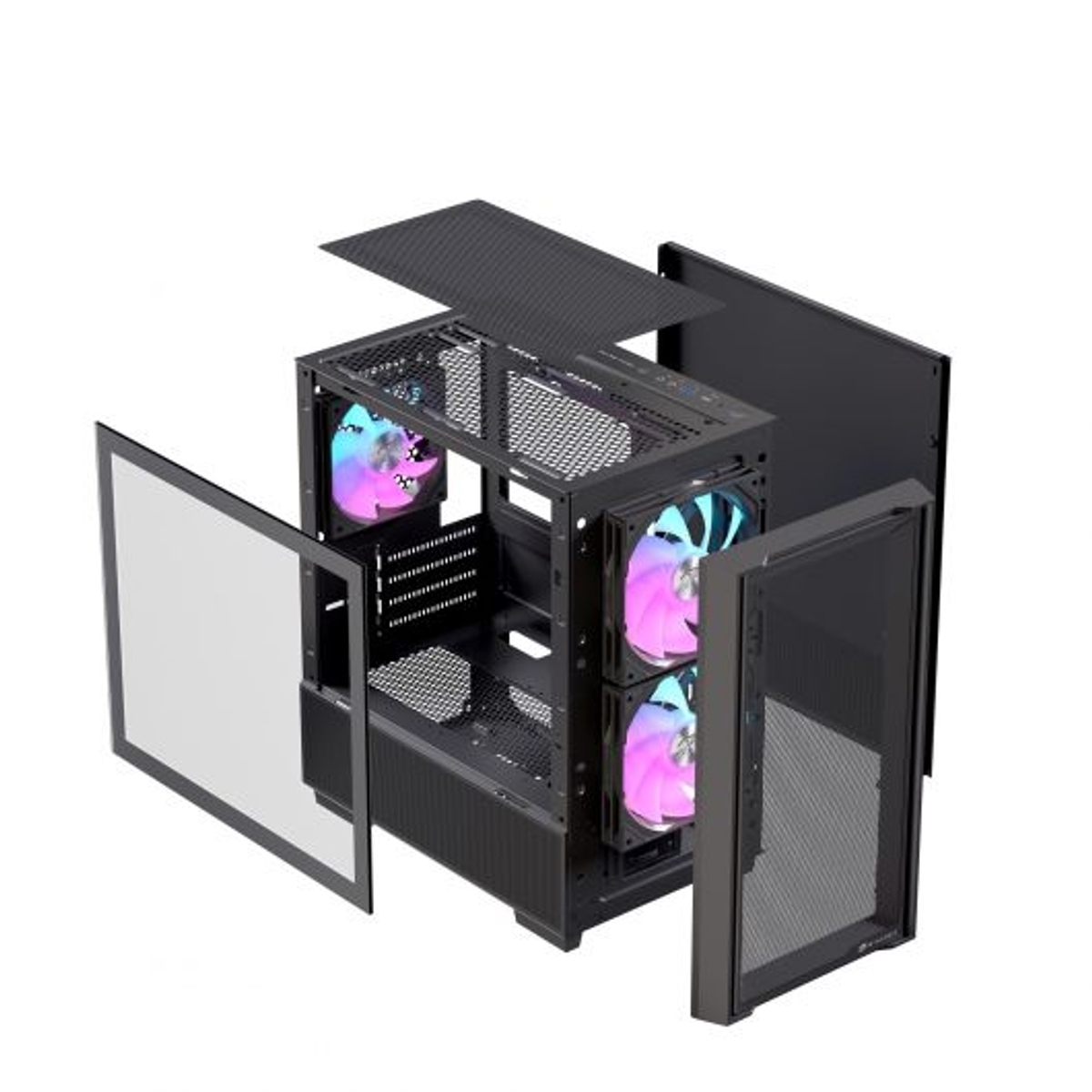 Un case per computer nero con pannelli laterali e superiori aperti, che mostra ventole RGB.