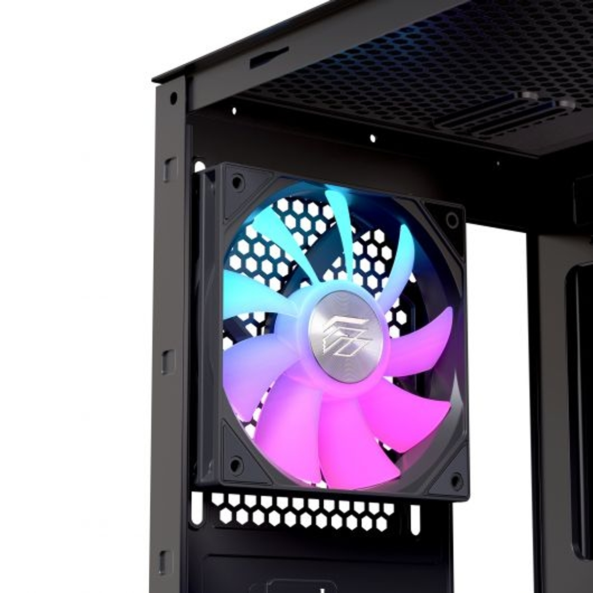 Una ventola del computer con illuminazione RGB, che mostra sfumature blu e rosa, all'interno di un case nero.