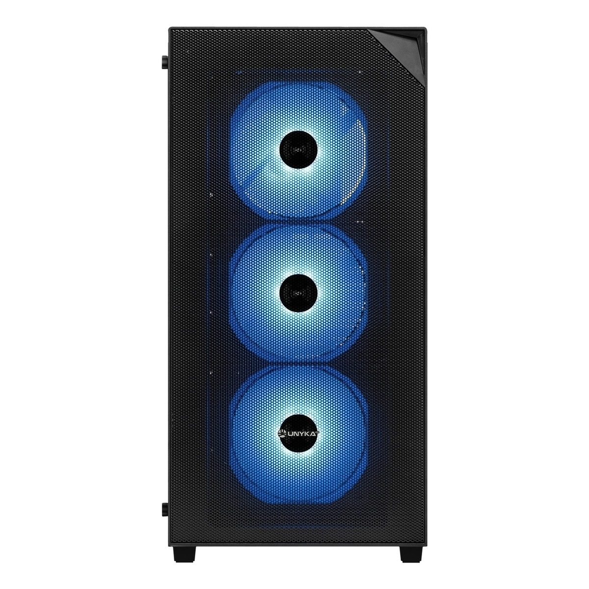 Una caja de ordenador negra con tres ventiladores azules iluminados al frente.