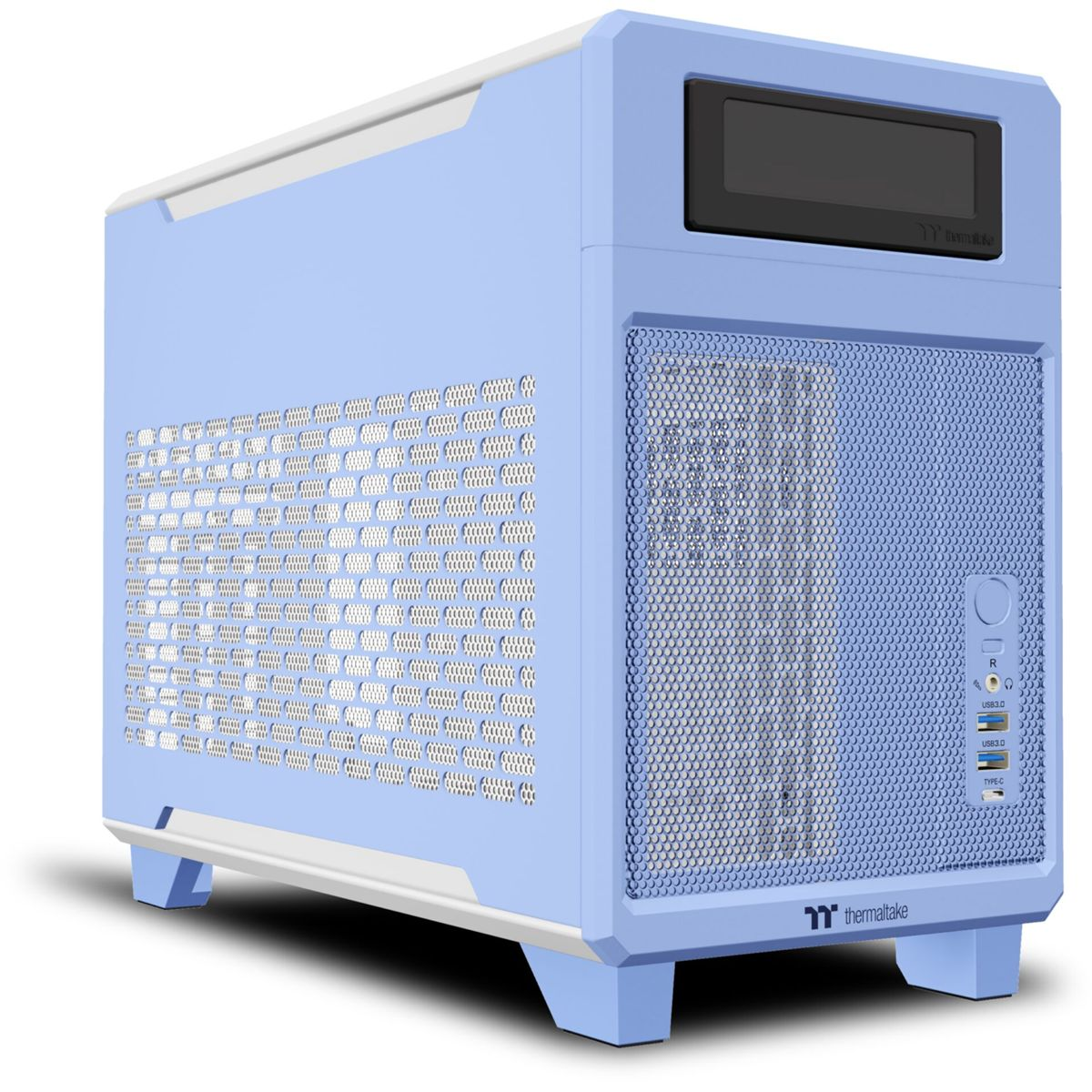 Ein hellblauer Computergehäuse mit Netzfront und Lüftungsschlitzen.