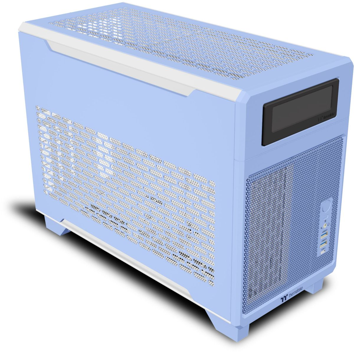 Ein hellblauer Computergehäuse mit weißem Rand und Lüftungsgittern.