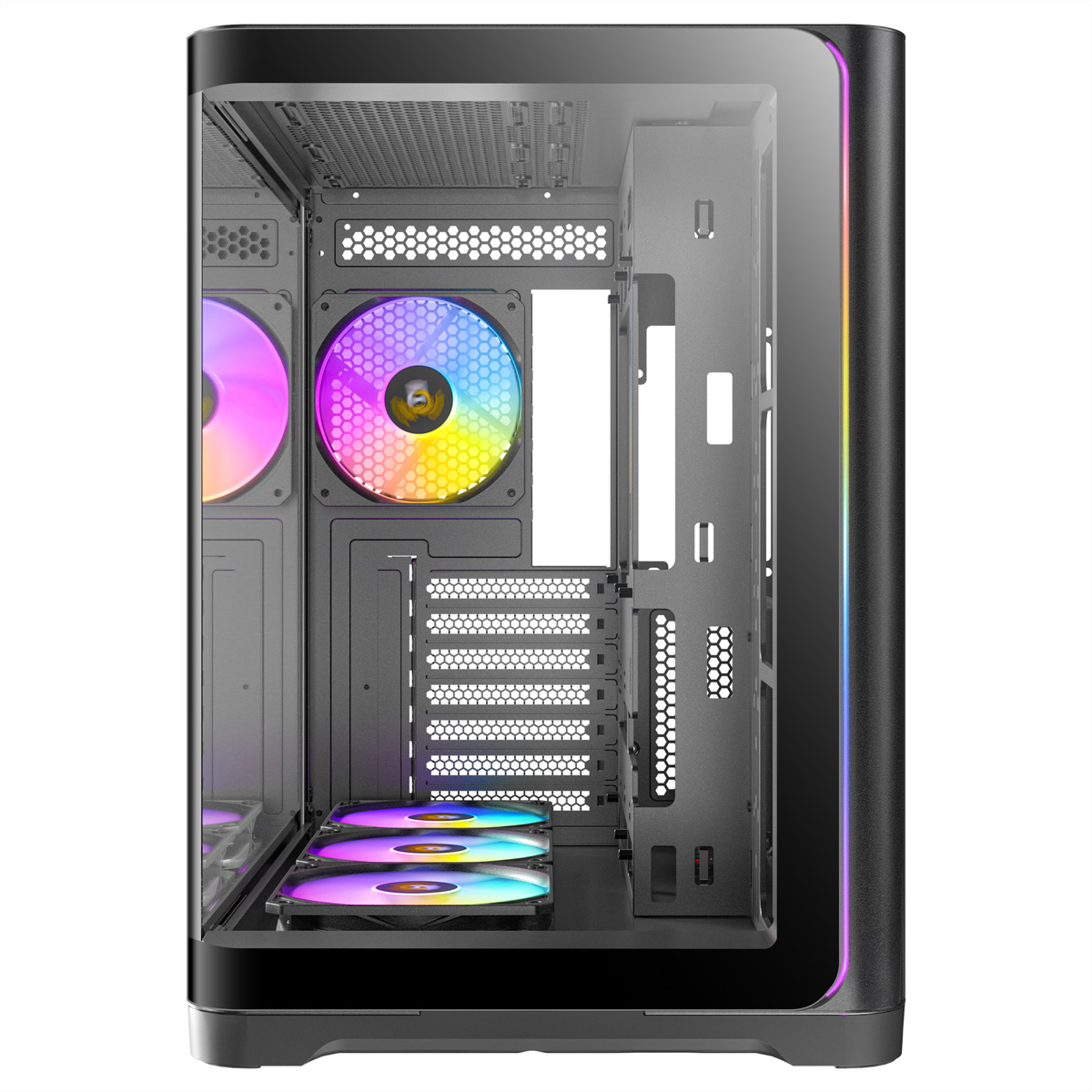 Una caja de PC abierta con ventiladores coloridos y luces RGB en el lateral.