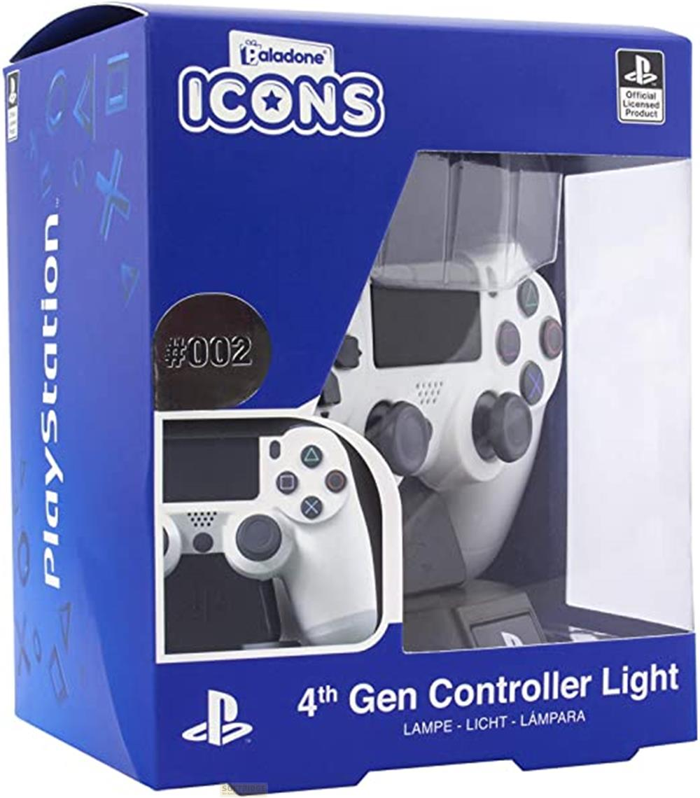 Caja de una lámpara de mando blanca PlayStation 4 con iconos de PlayStation.
