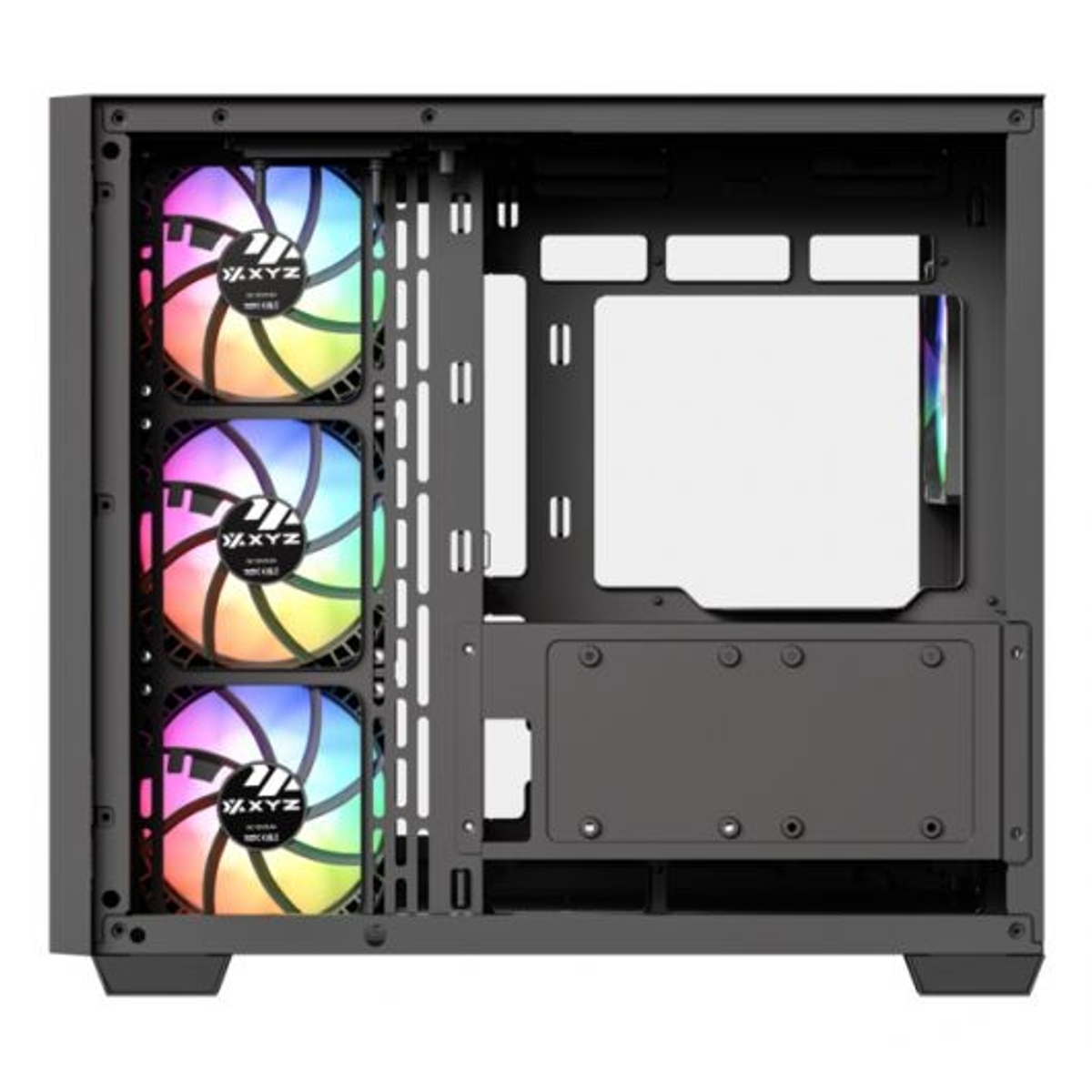Obudowa komputera z trzema wentylatorami RGB z przodu i białym obszarem obudowy.