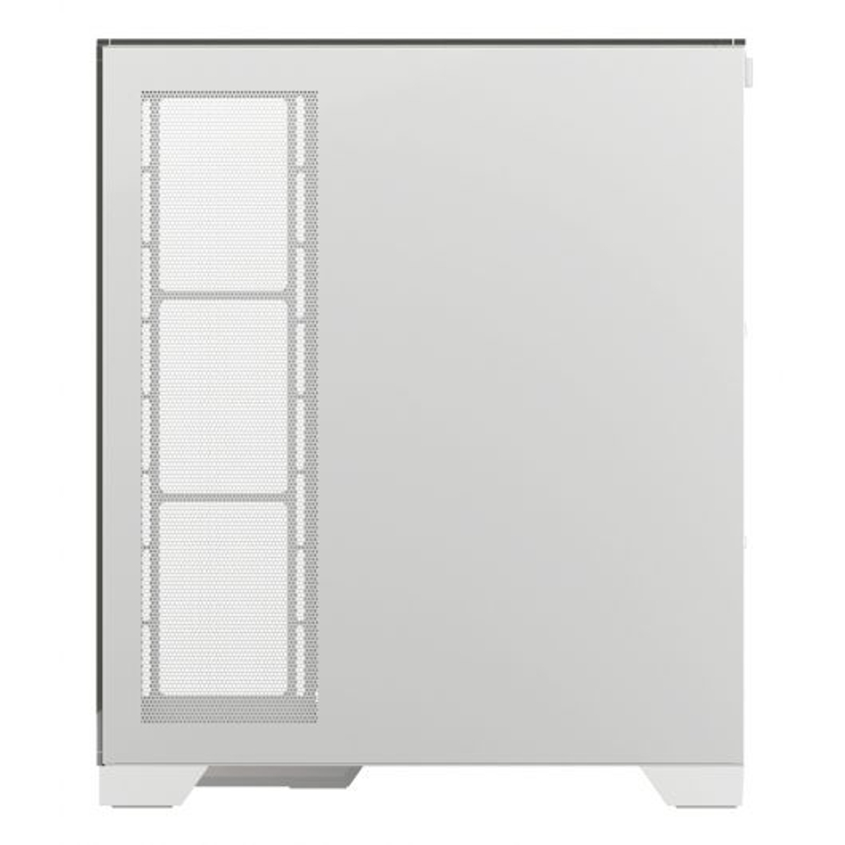 Lato case PC bianco con fessure di ventilazione e pannello liscio.