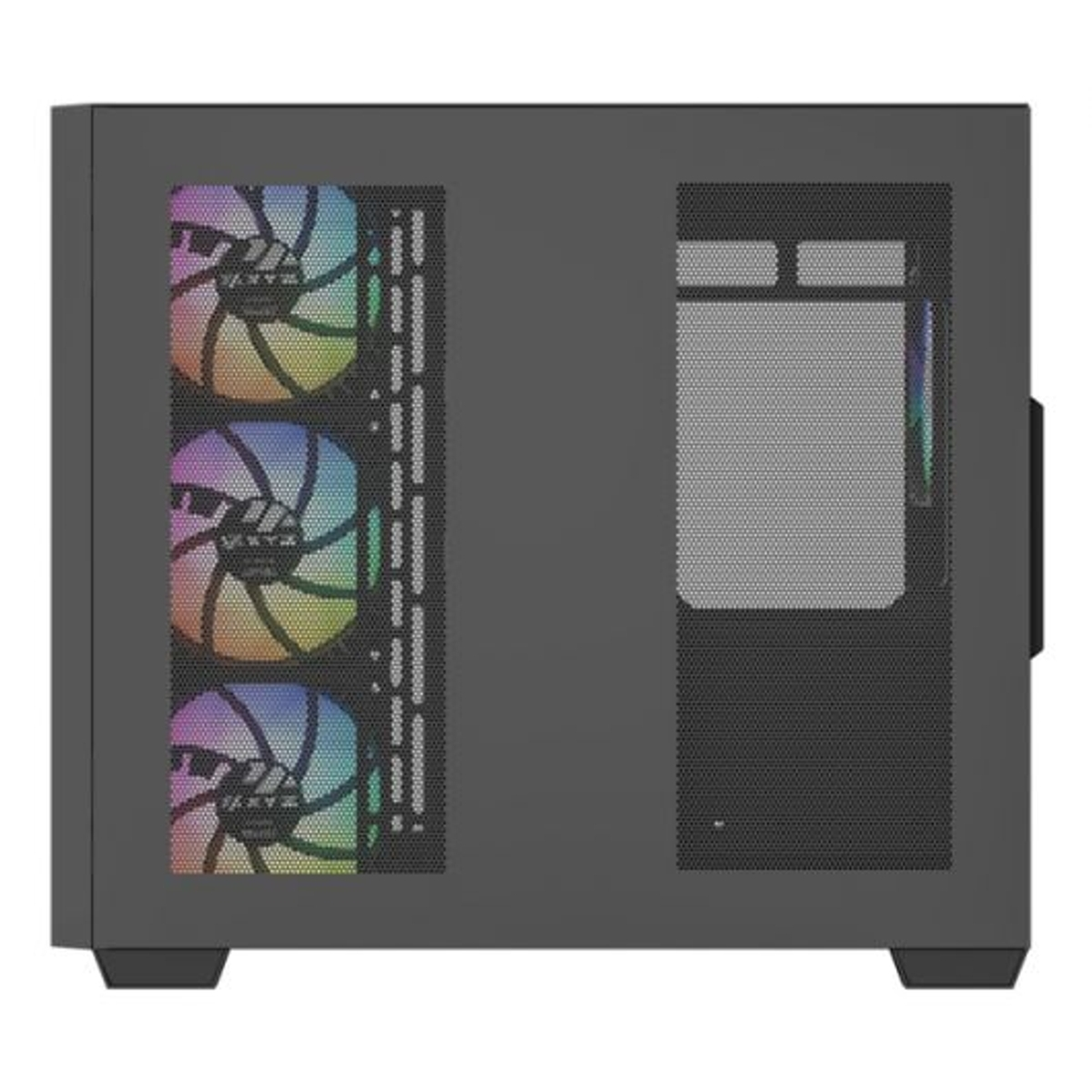 Ciemnoszara obudowa komputera z trzema wentylatorami RGB po lewej stronie.