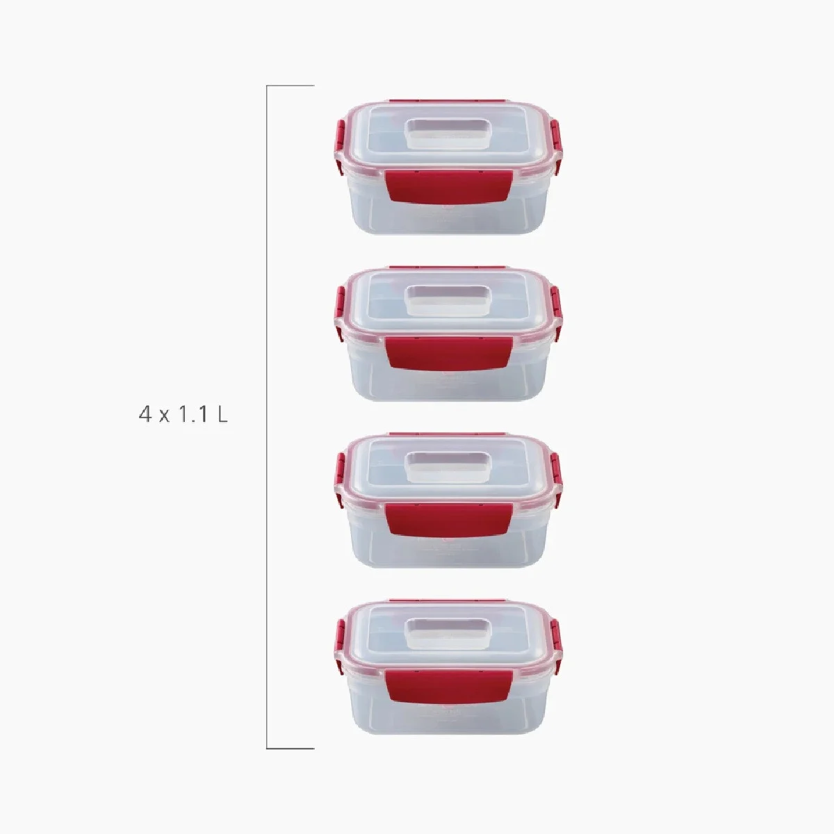 Quattro contenitori trasparenti con chiusure rosse.