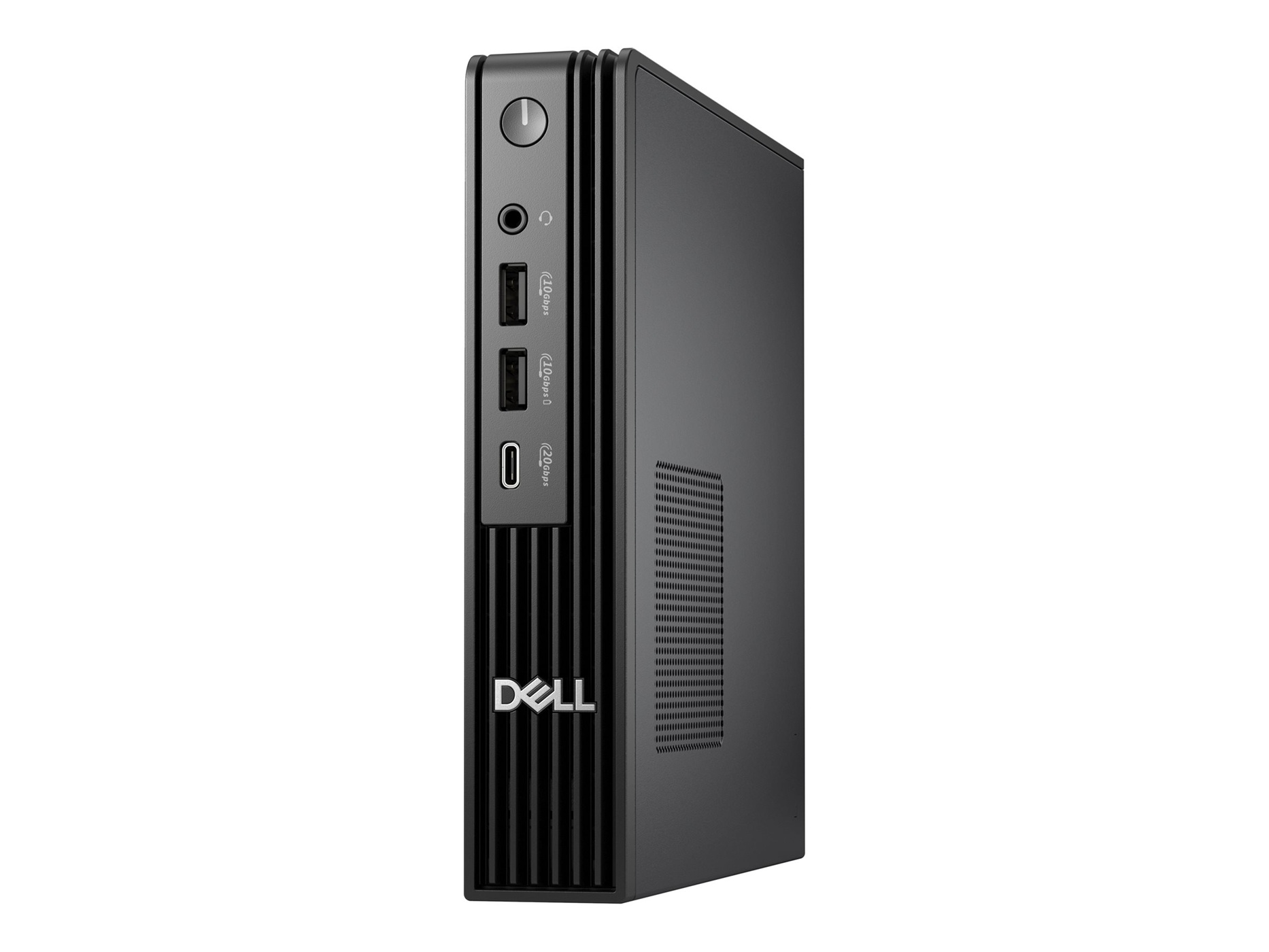 Black Dell mini PC with ports and ventilation grille on the side.