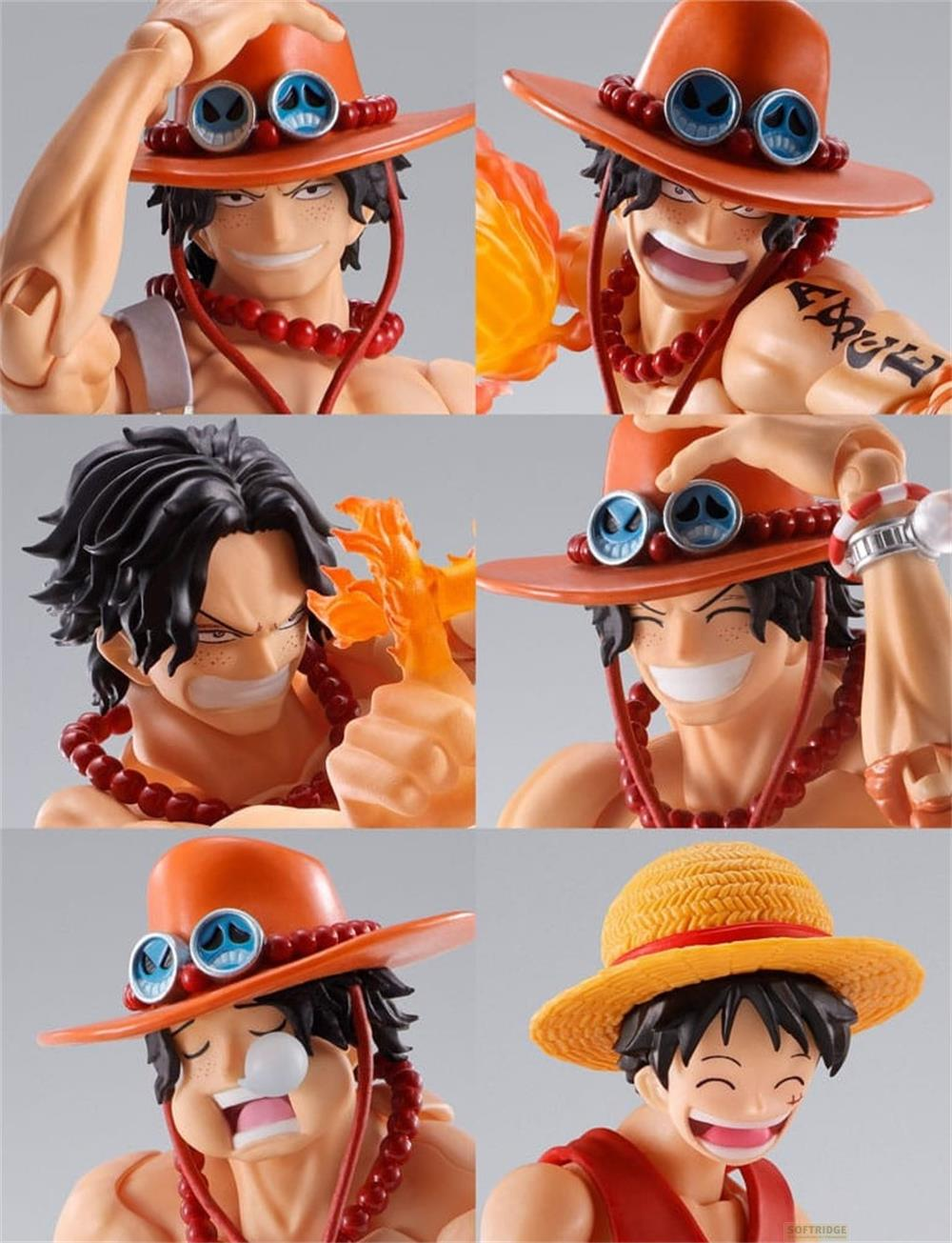Sei immagini di figure anime: cinque con cappello arancione, collana di perle e fuoco; una con cappello di paglia.