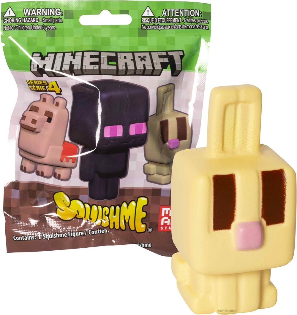 Ein gelber Minecraft Squishme Hase und eine Minecraft Serie 4 Tüte mit Figuren.
