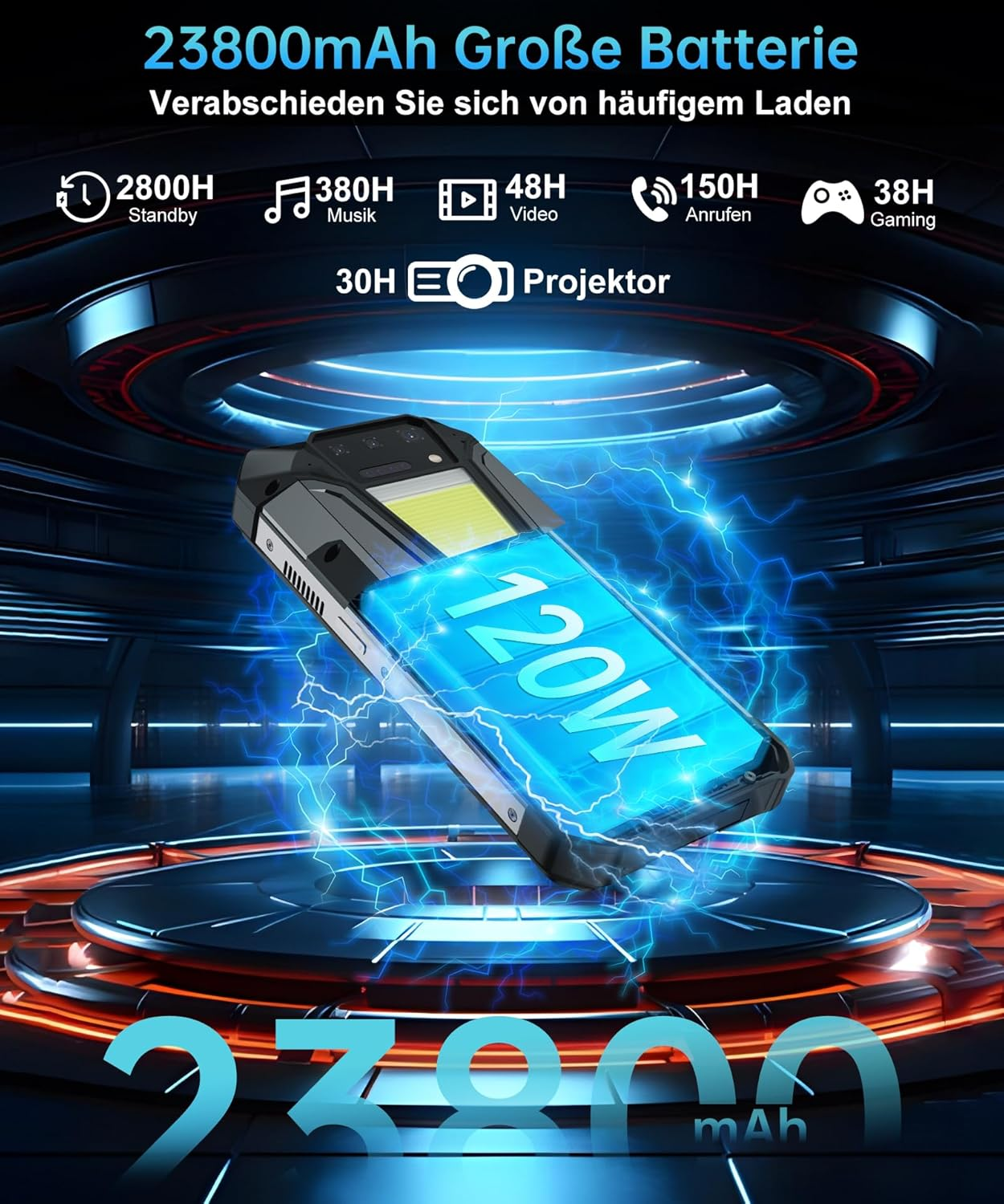 Teléfono robusto con batería de 23800mAh, carga de 120W y rendimiento duradero.