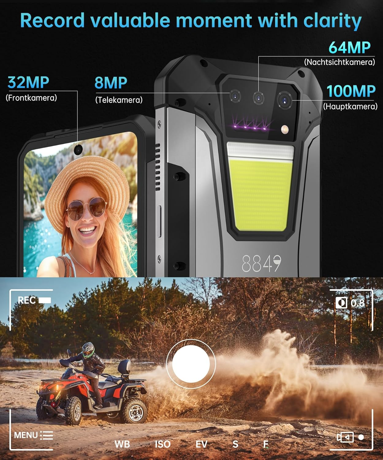 Un hombre conduce un quad por el barro mientras una mujer sonríe. La cámara muestra varios megapíxeles.