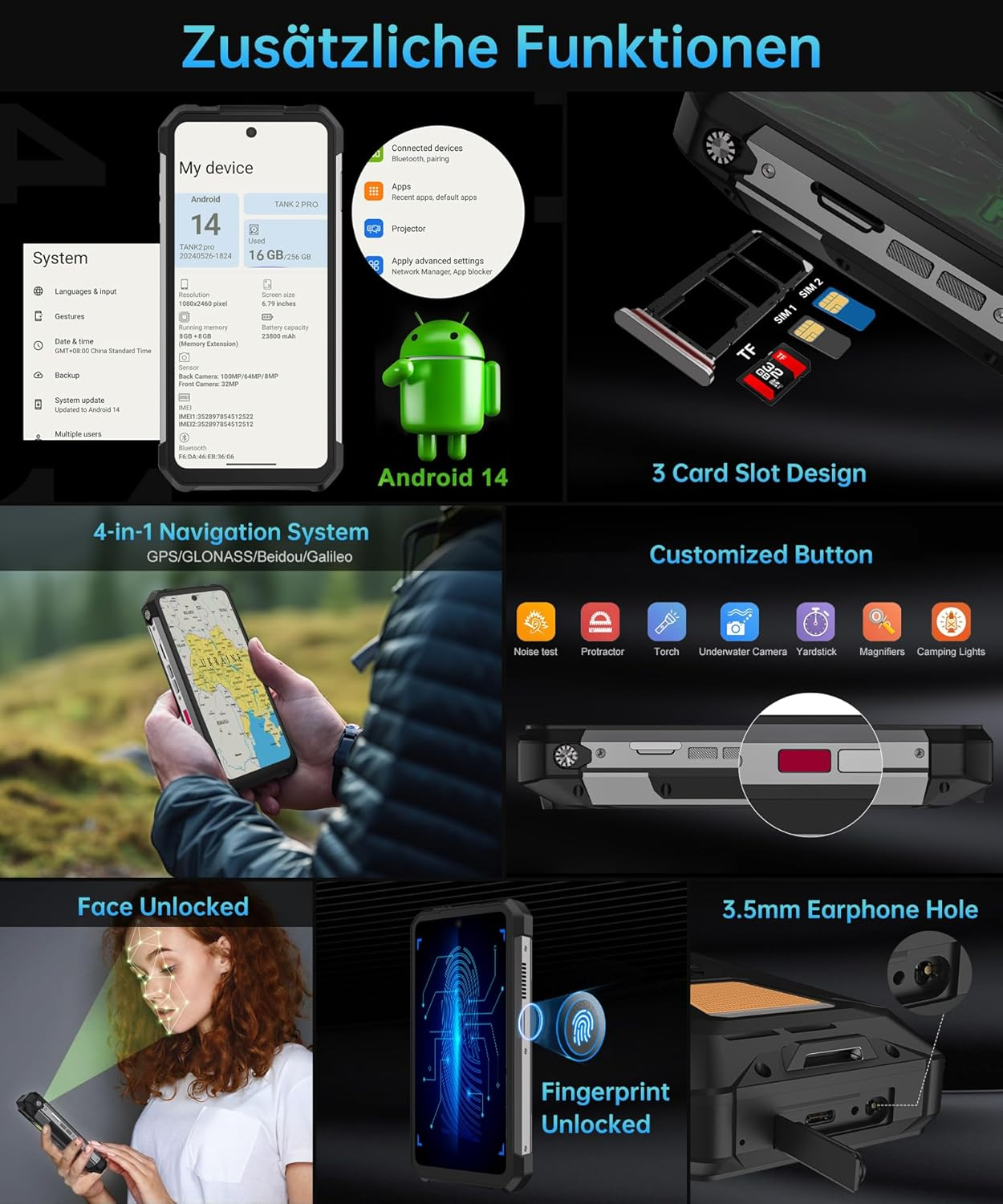Resumen del producto con detalles del smartphone, ranura SIM, navegación y funciones de desbloqueo.