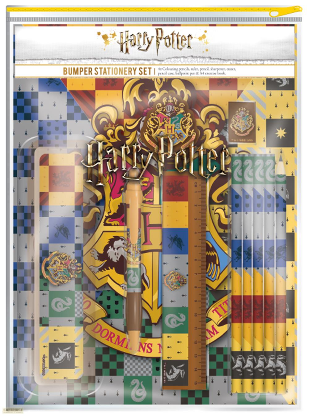 Set de papelería Harry Potter con escudo Hogwarts, bolígrafo, regla y lápices.
