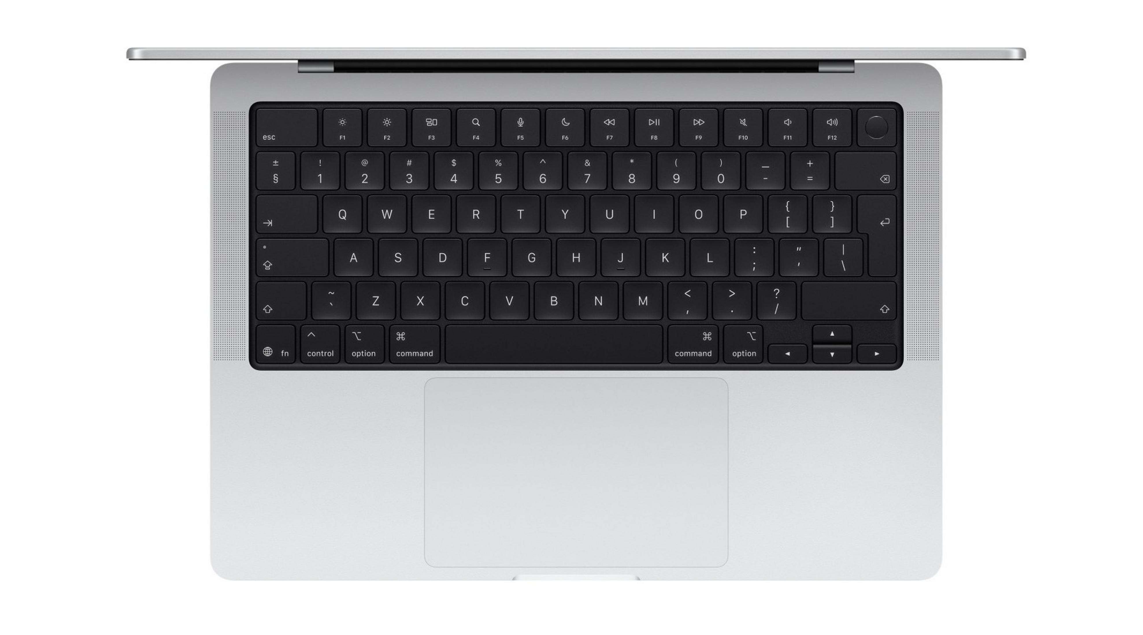 Silberner Laptop, geöffnet, zeigt die schwarze Tastatur und das Touchpad.
