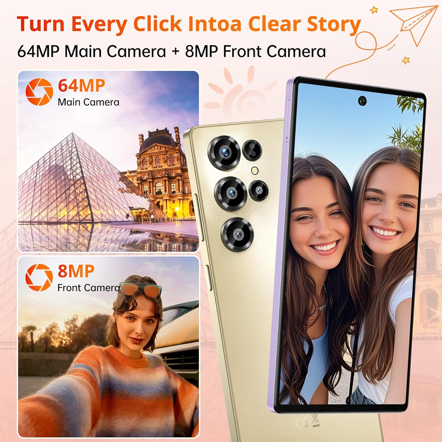 Smartphone mit 64MP Haupt- und 8MP Frontkamera. Zeigt das Louvre, zwei Frauen und eine Frau.