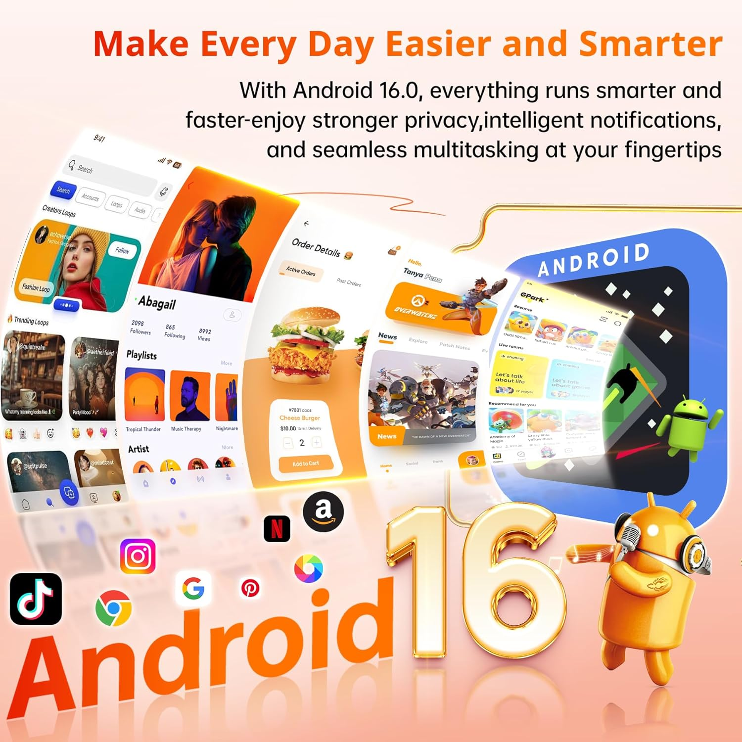Android 16-Oberfläche mit App-Symbolen und Text. Android-Roboterfiguren.