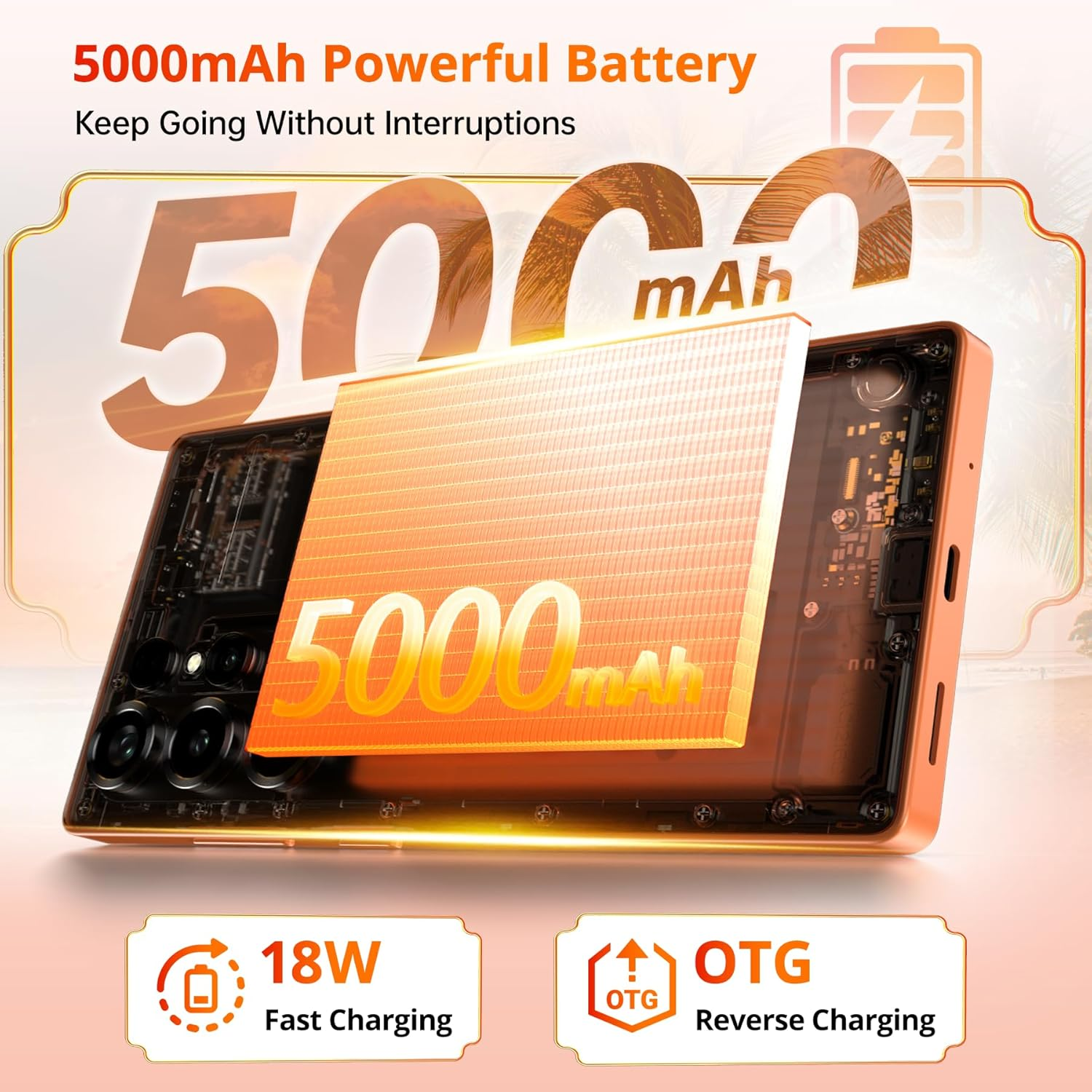 Orangefarbenes Smartphone mit 5000mAh Batterie, 18W Schnellladung und OTG.