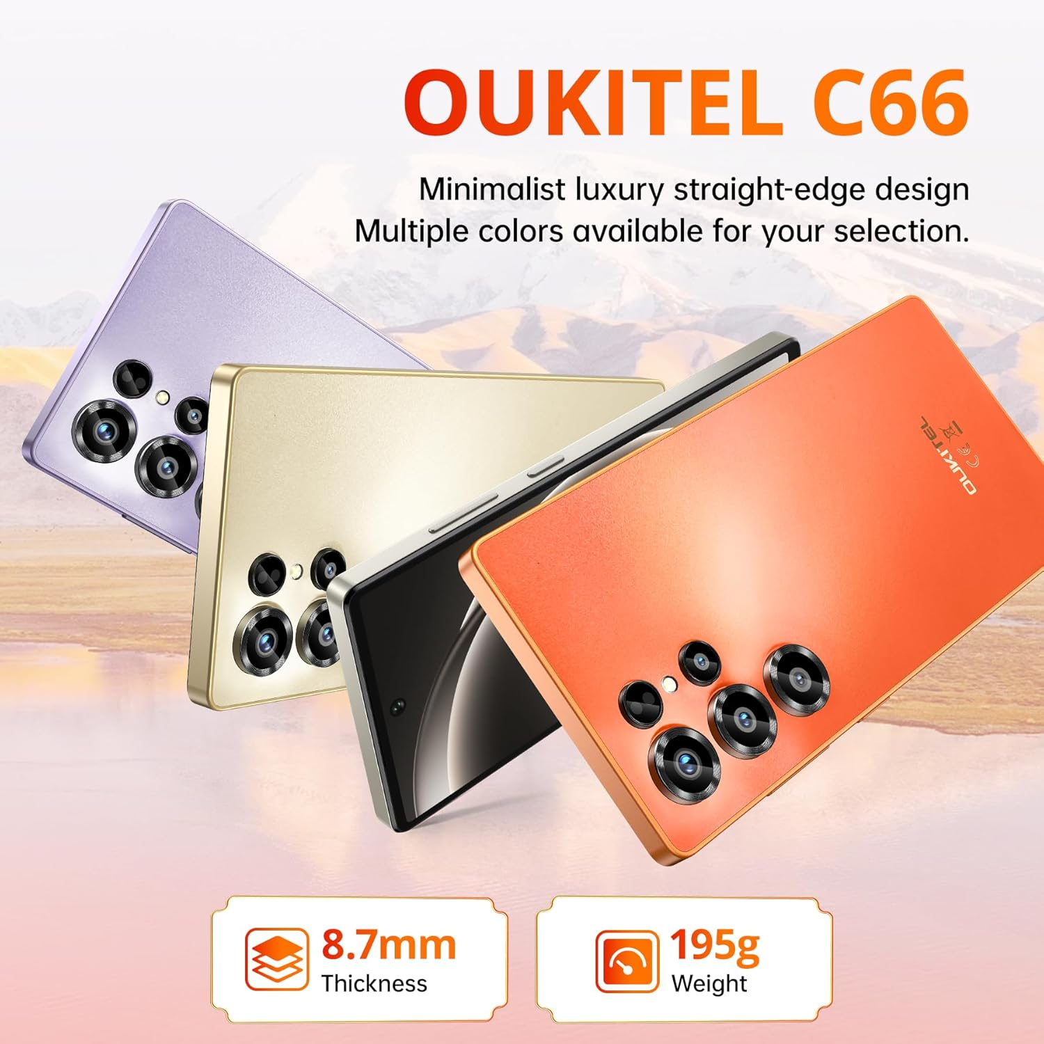 Drei Smartphones in Lila, Gold und Orange liegen auf einem Hintergrund mit Bergen.