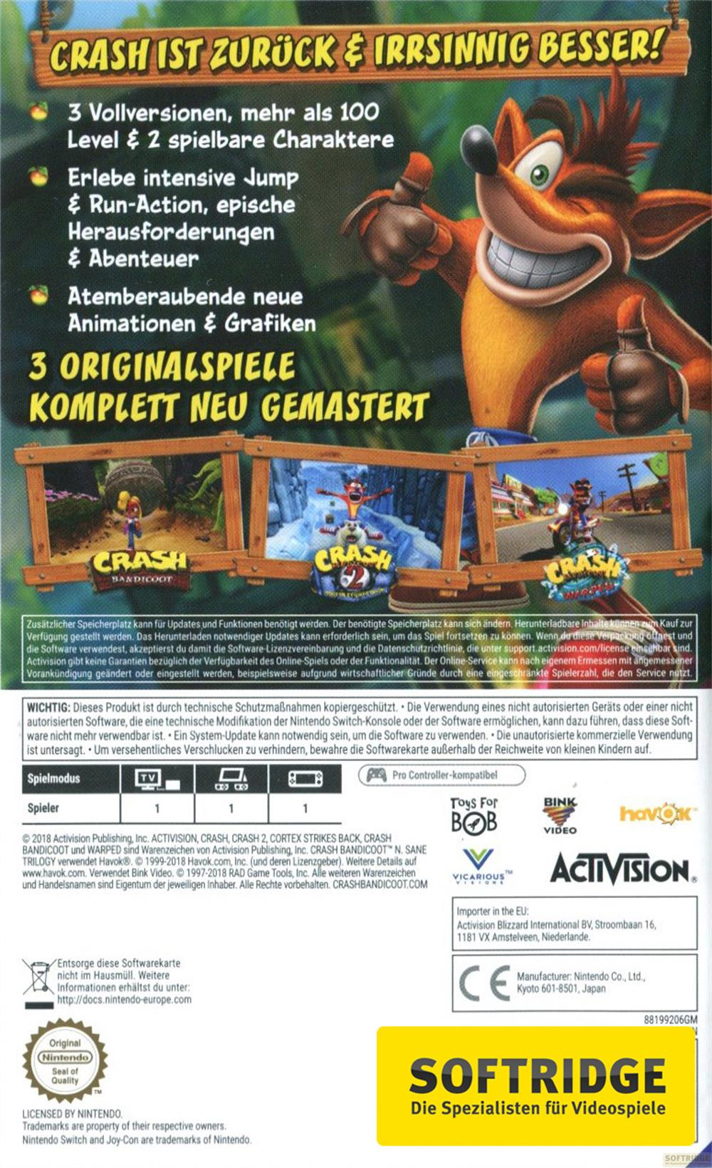 Tył gry Crash Bandicoot z Crashem i informacjami o grze po niemiecku.