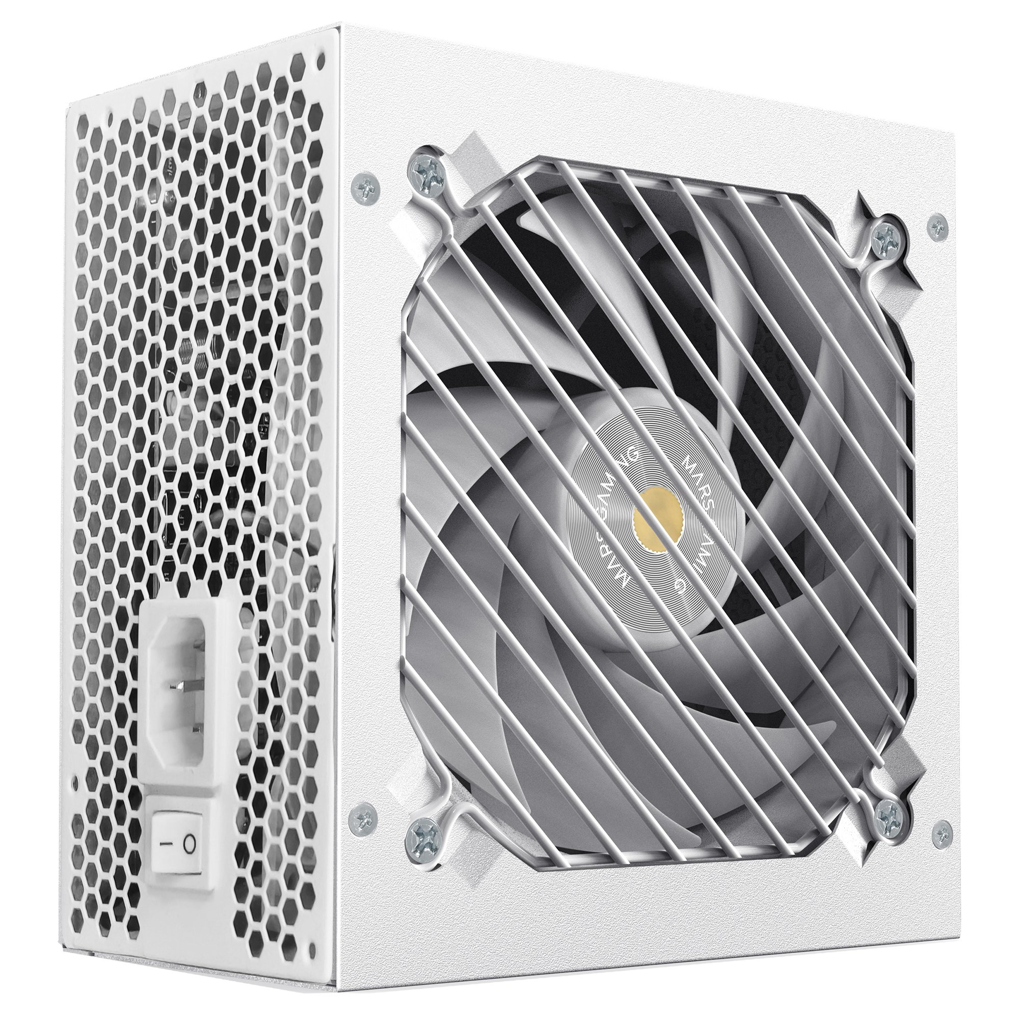 Un alimentatore per computer bianco con ventola e interruttore.