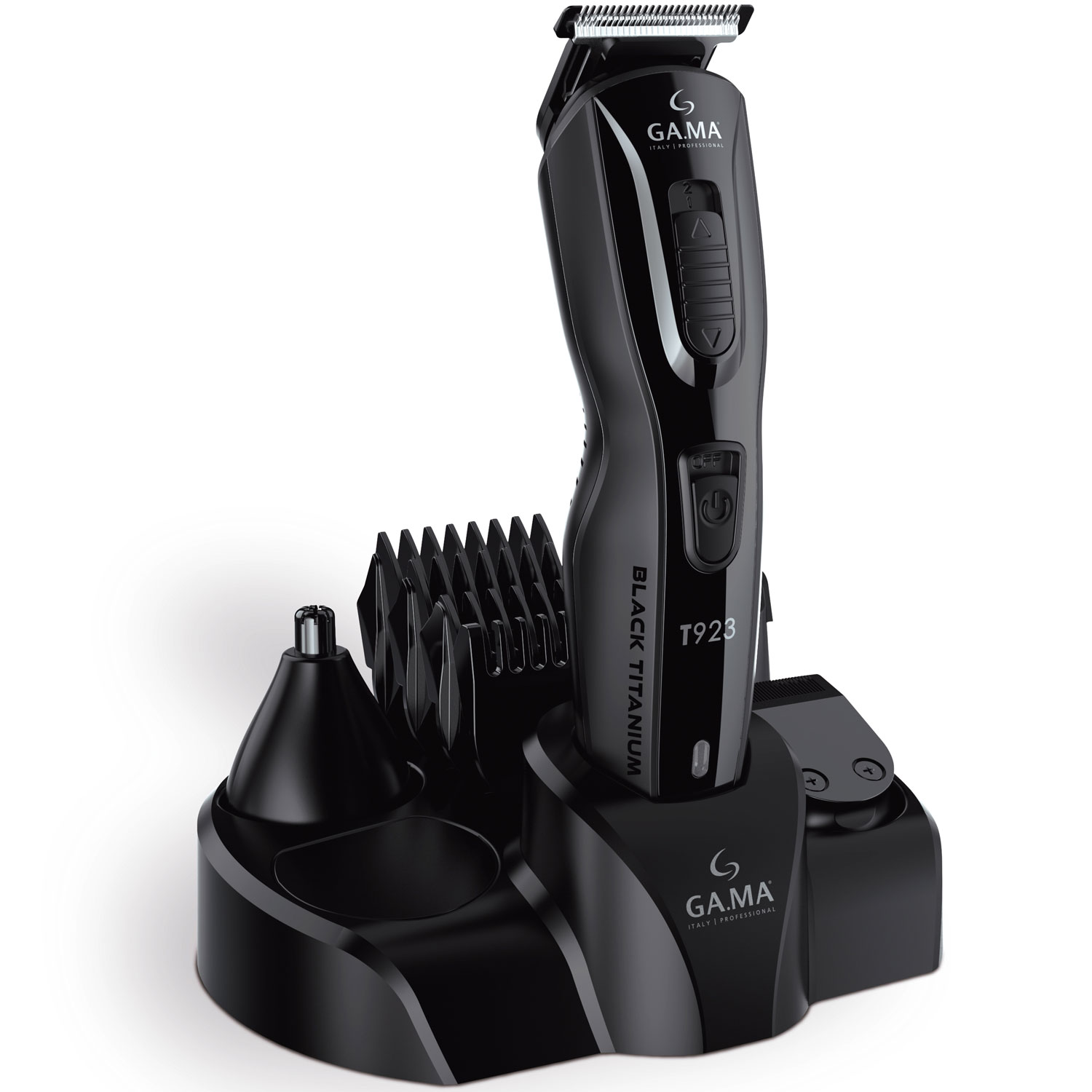Set tagliacapelli nero con base di ricarica e più accessori.