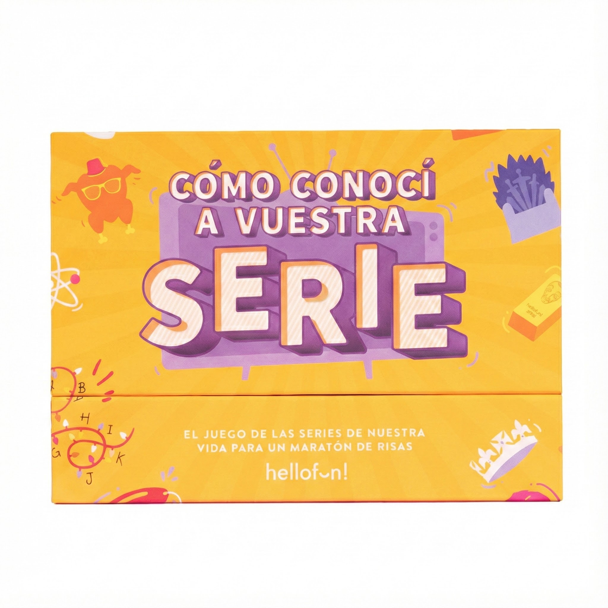 Caja amarilla con texto e ilustraciones morados y naranjas.