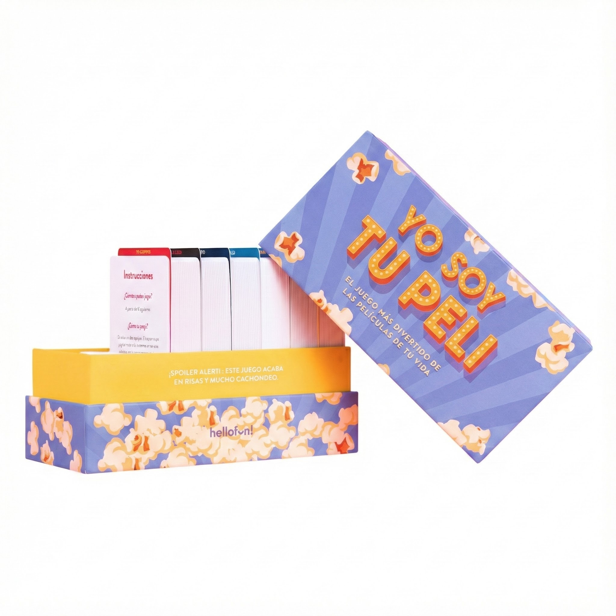 Una caja de juego titulada 'Yo Soy Tu Peli' con motivo de palomitas.