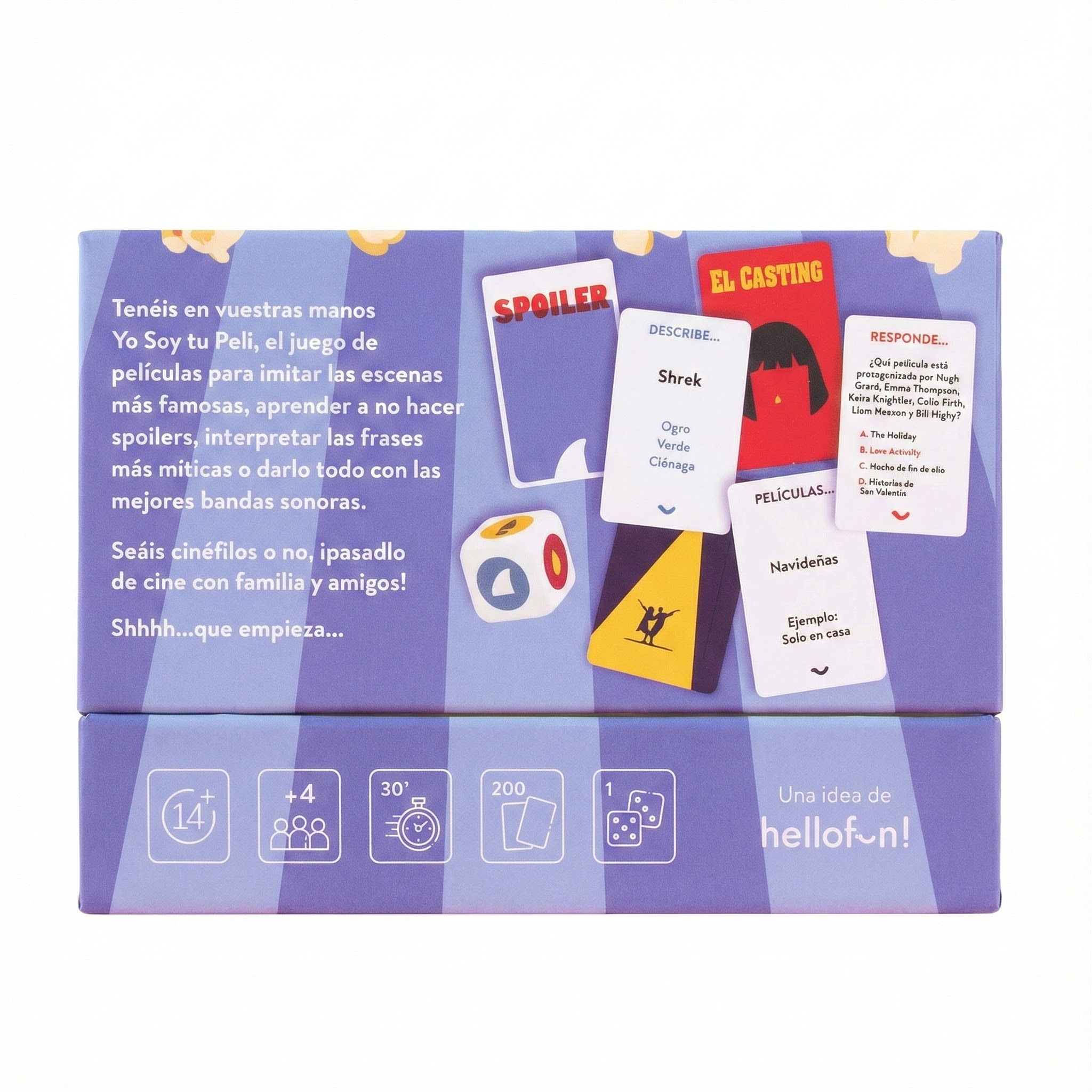 Caja de juego de mesa con tarjetas de películas, dados e iconos de edad, jugadores y tiempo.