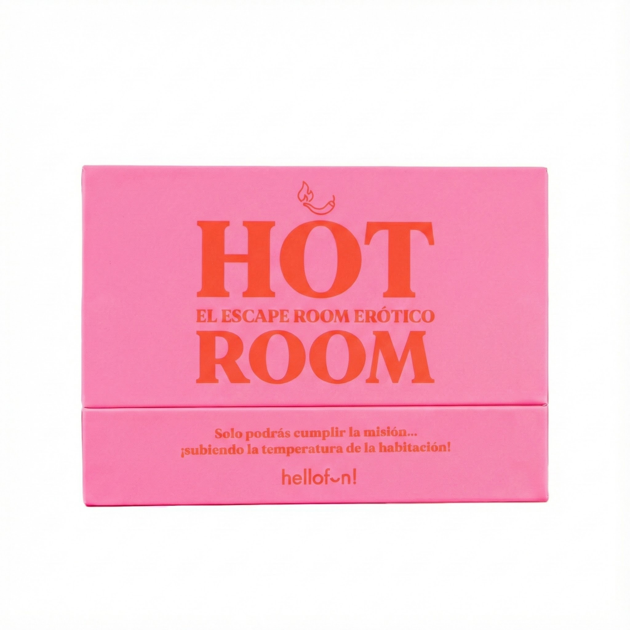 Una caja rosa con el texto "HOT ROOM" y un gráfico de chile. Juego de escape.