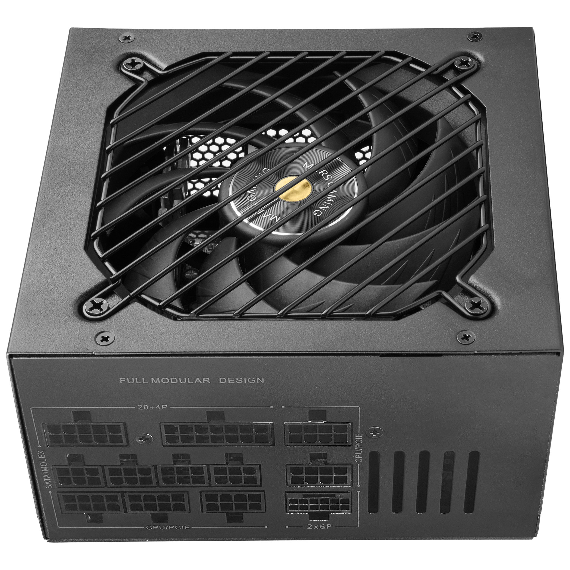 Fuente de alimentación negra con rejilla de ventilador y puertos.
