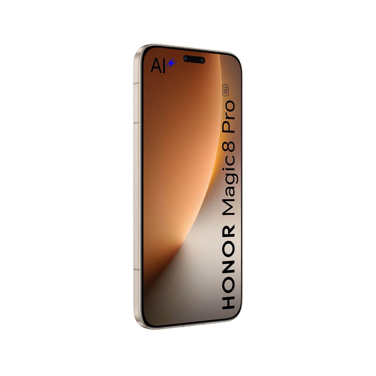 Złoty smartfon HONOR Magic 8 Pro 5G z logo AI. Białe tło.