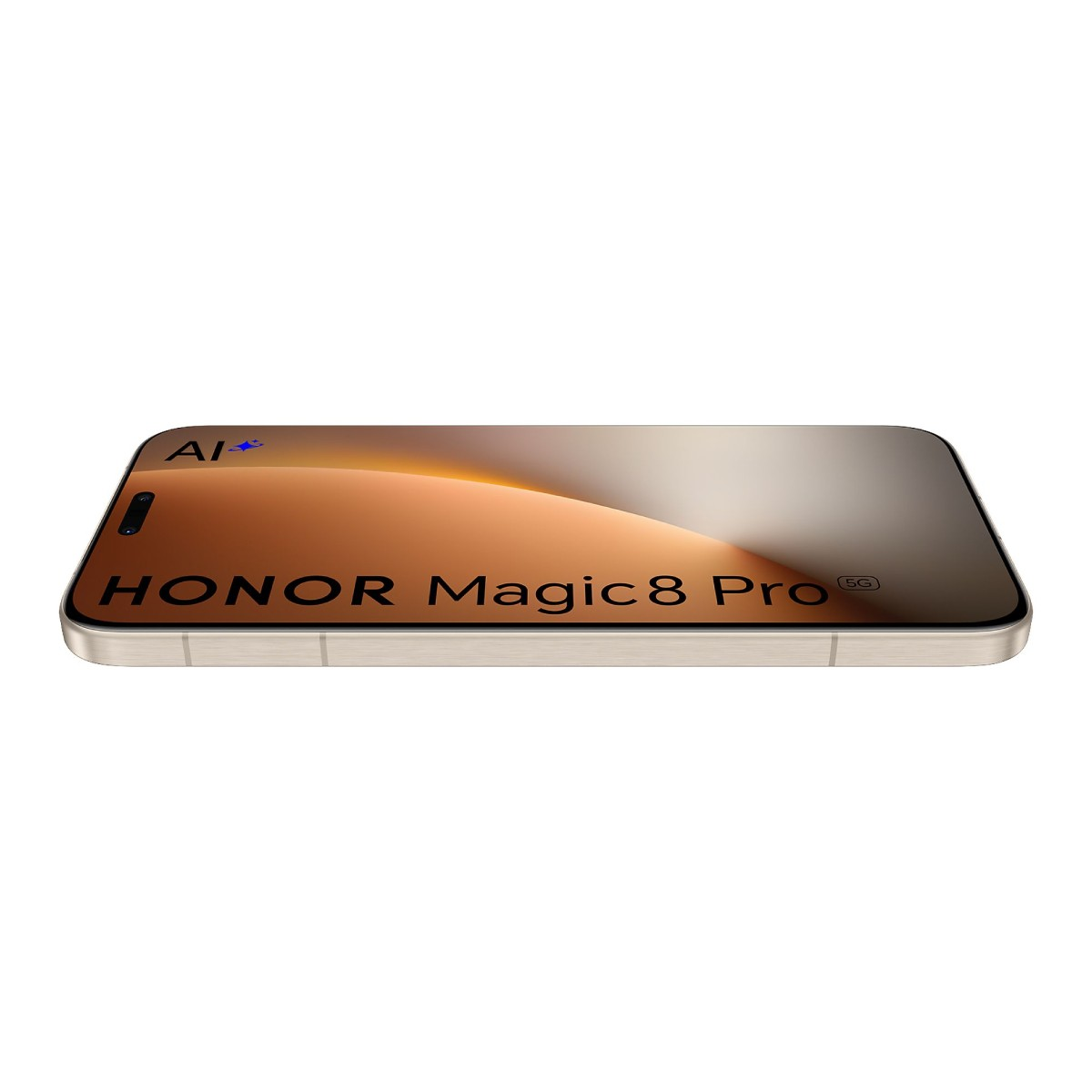 Smartfon HONOR Magic 8 Pro ze złotą ramką i ikoną AI na ekranie.