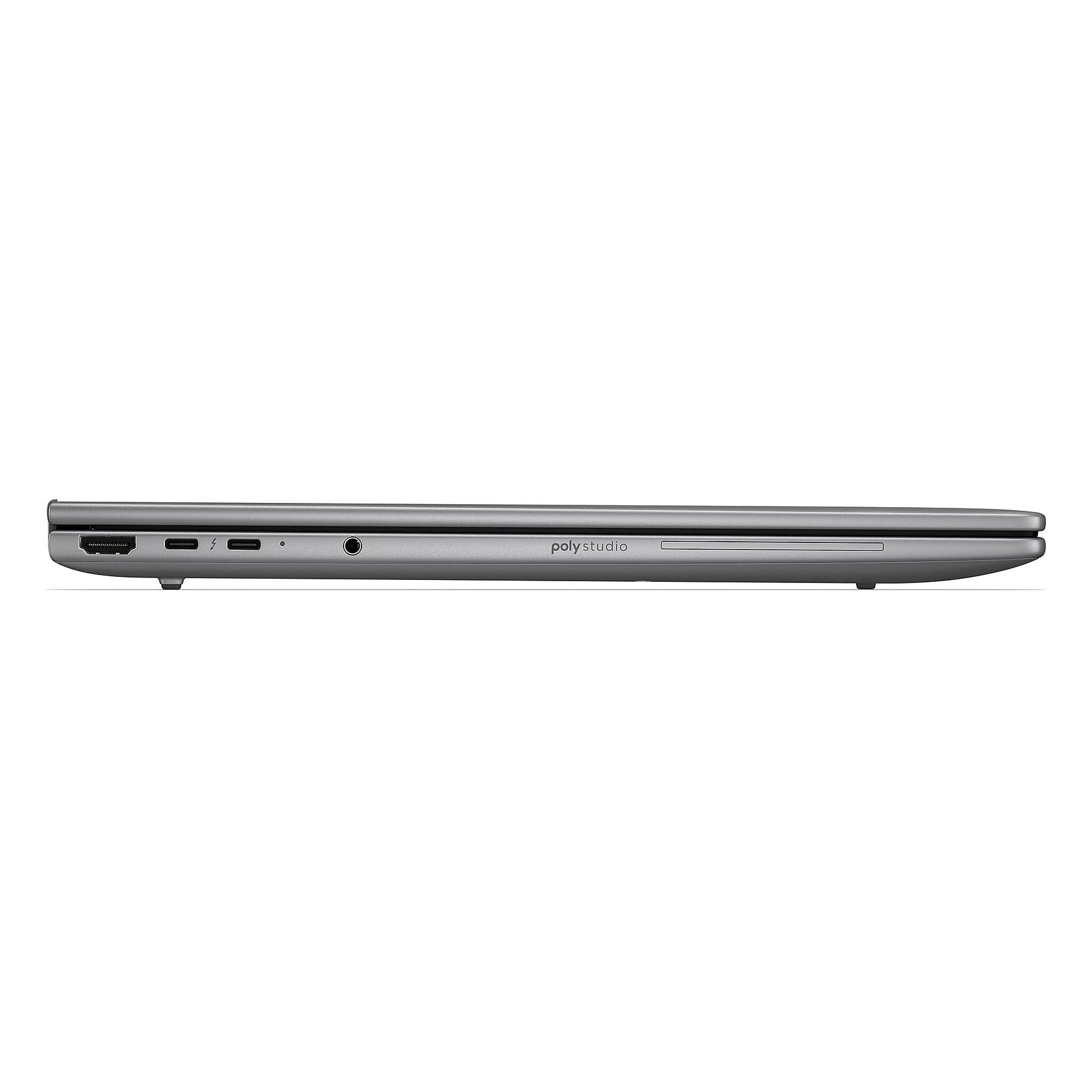 Laptop Poly Studio grigio con porte sul lato.