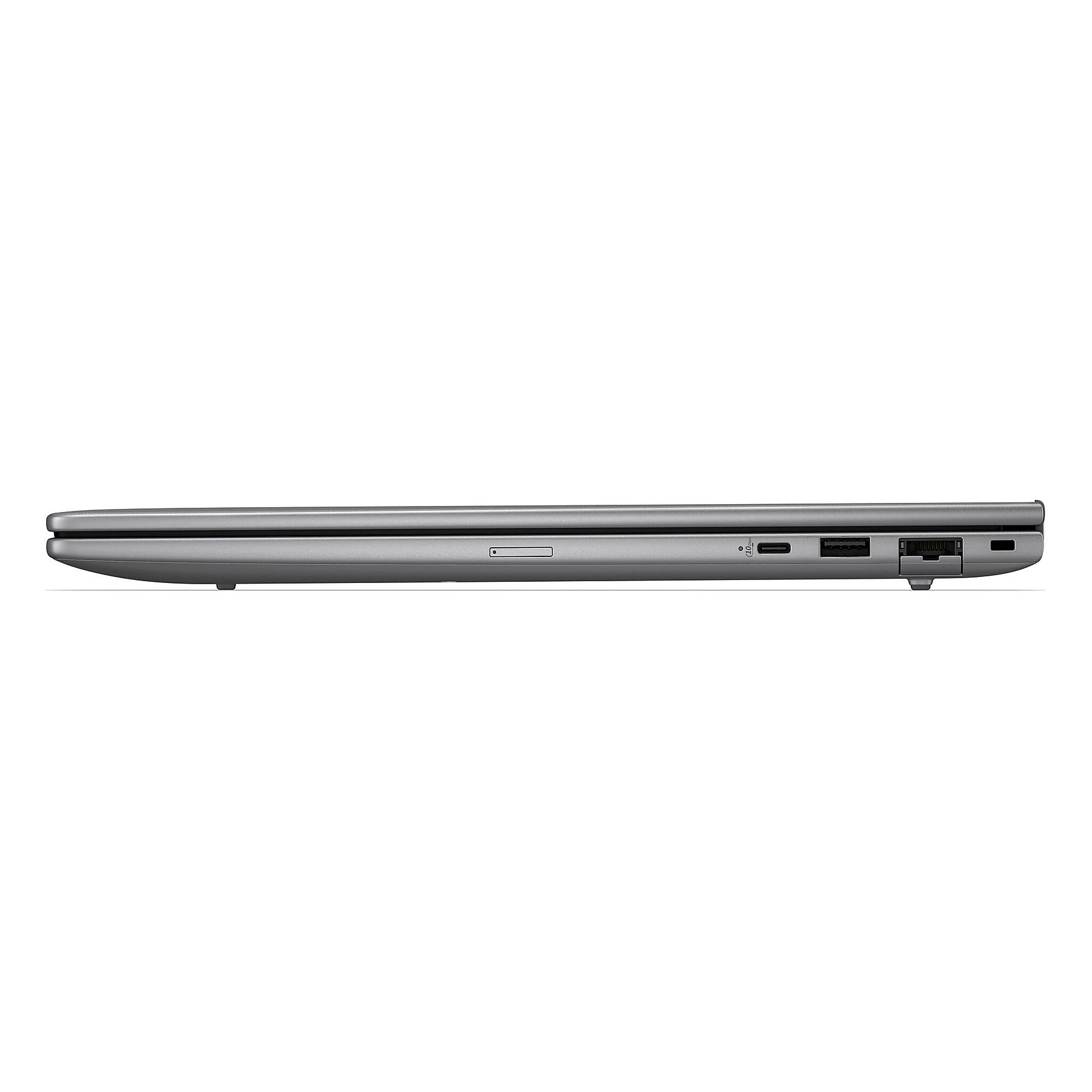 Un laptop grigio con porta USB-C e lettore di schede SD.