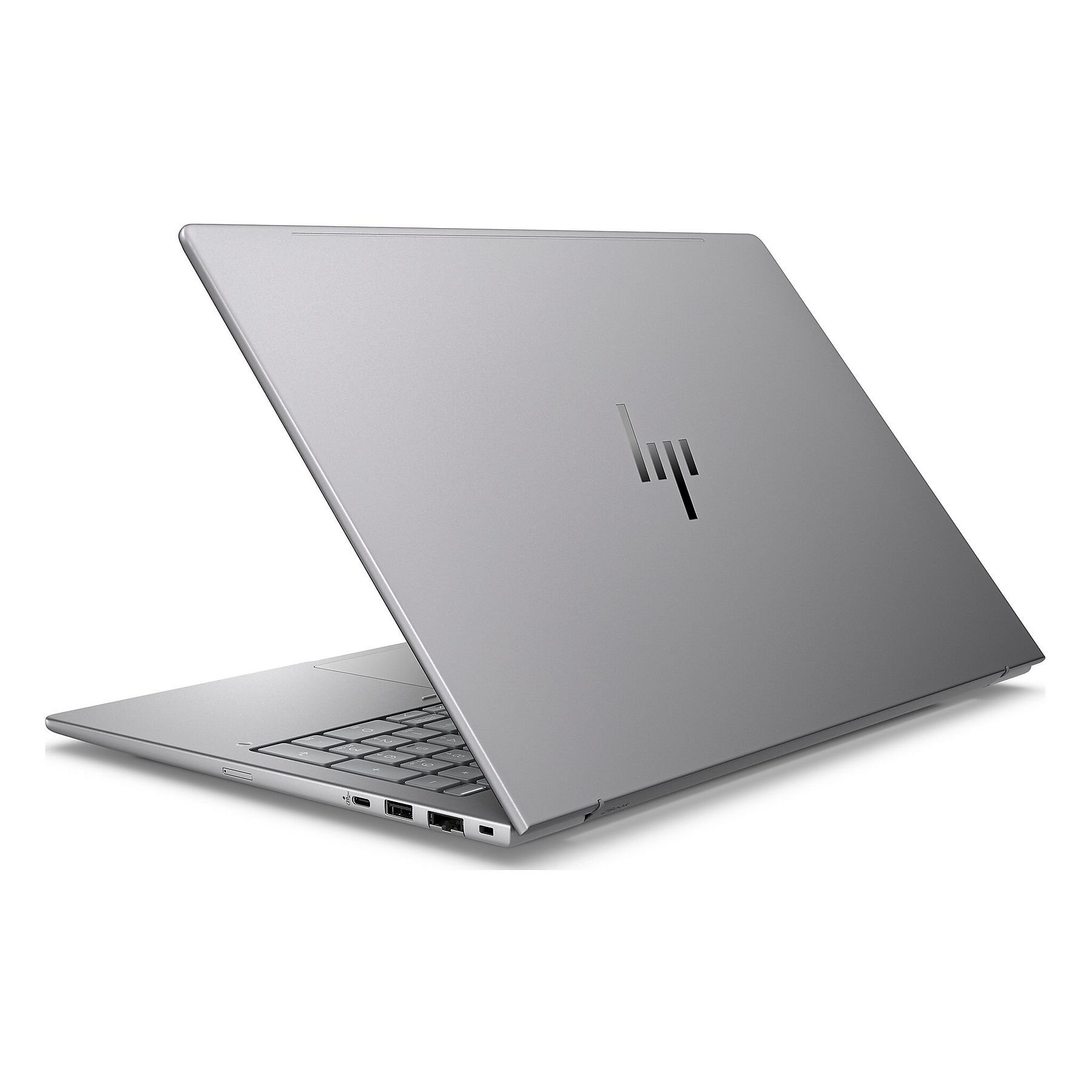 Laptop HP argentato con coperchio aperto, tastiera e porte visibili.