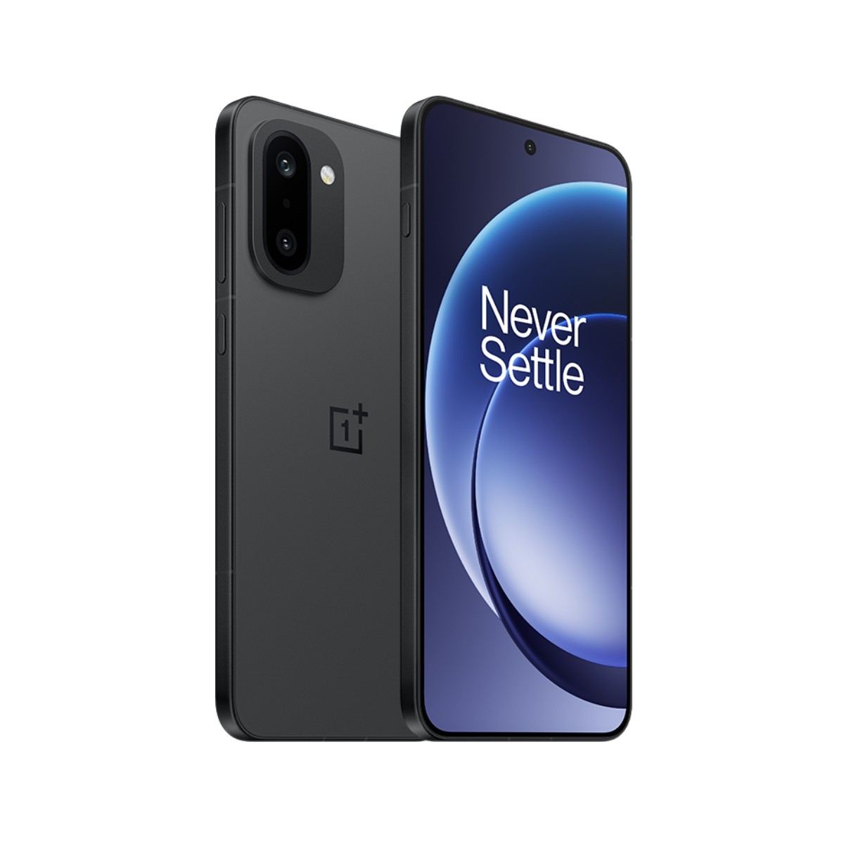 Czarny smartfon z podwójnym aparatem z tyłu i wyświetlaczem "Never Settle".
