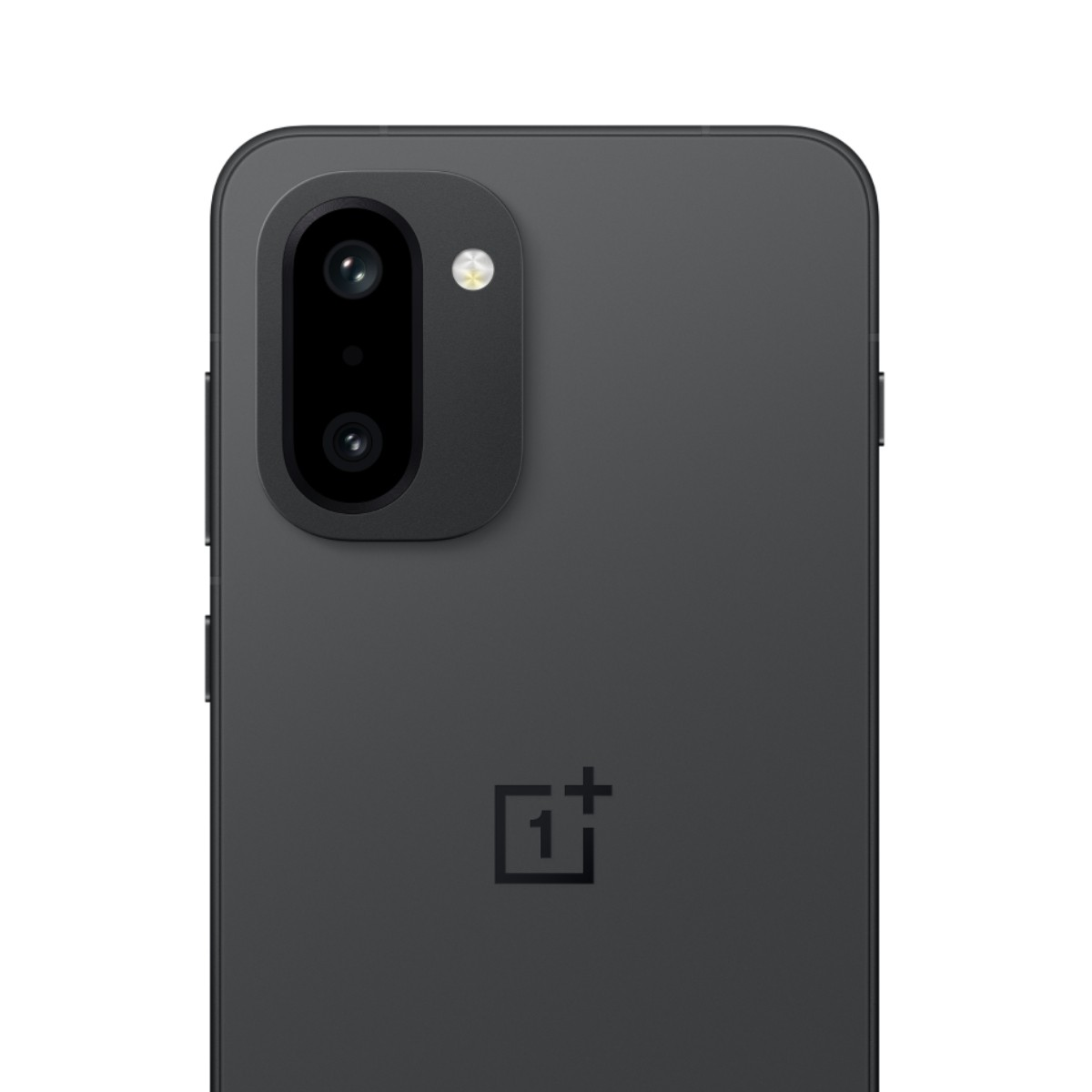 Szary smartfon z podwójnym aparatem i lampą błyskową z tyłu.