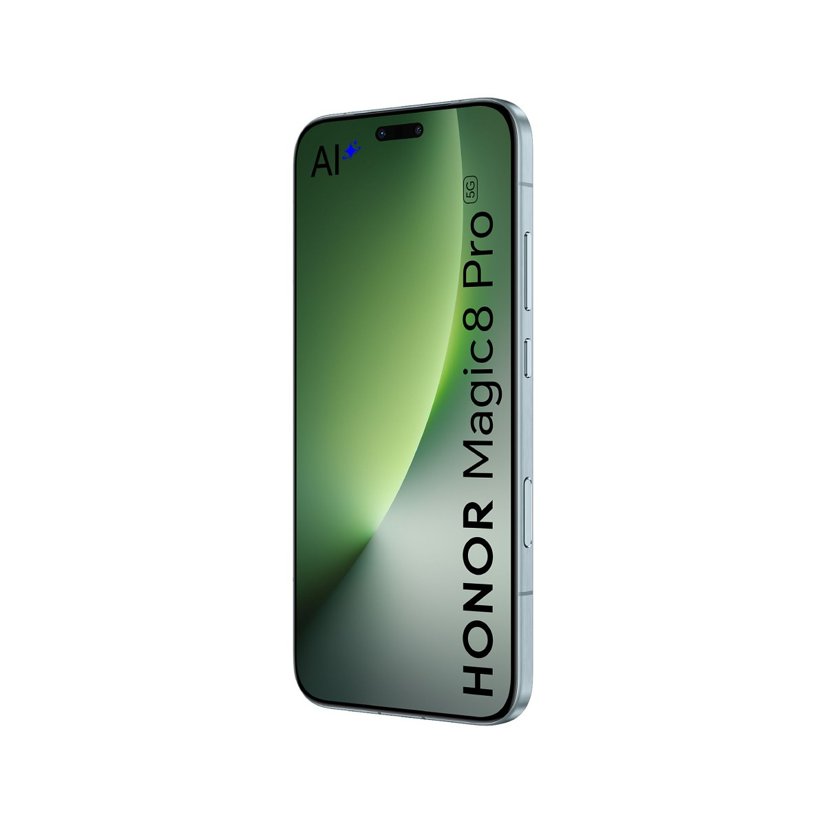 Jasnoniebieski smartfon Honor Magic 8 Pro 5G z zielonym gradientem na ekranie.