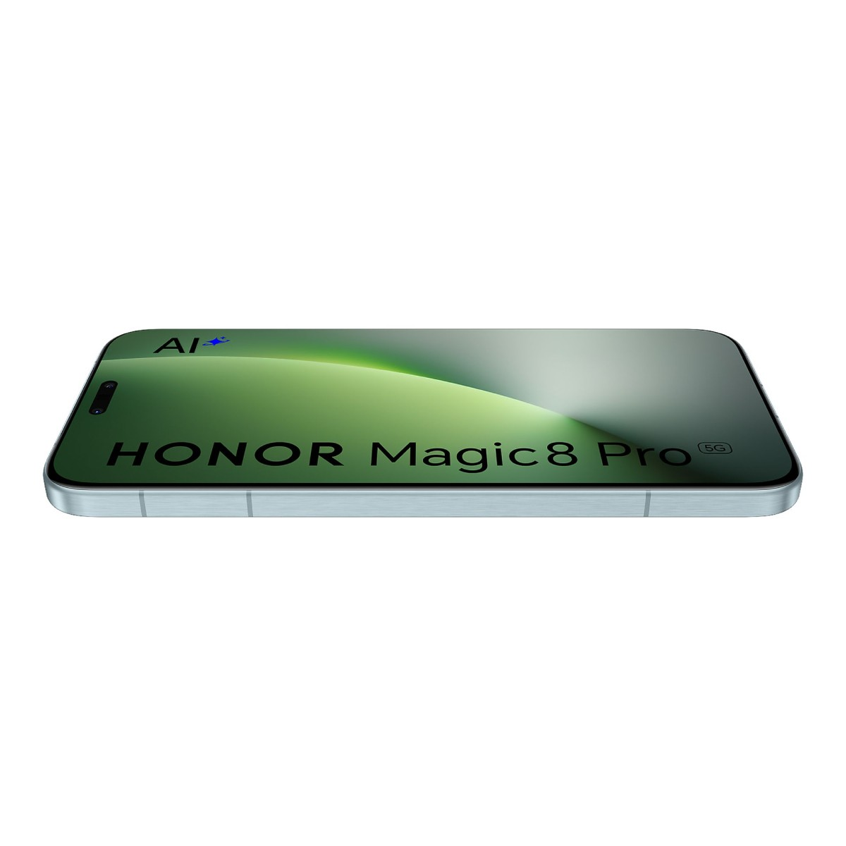 Smartfon HONOR Magic8 Pro leży na białym tle. Ekran wyświetla zielono-białe fale.