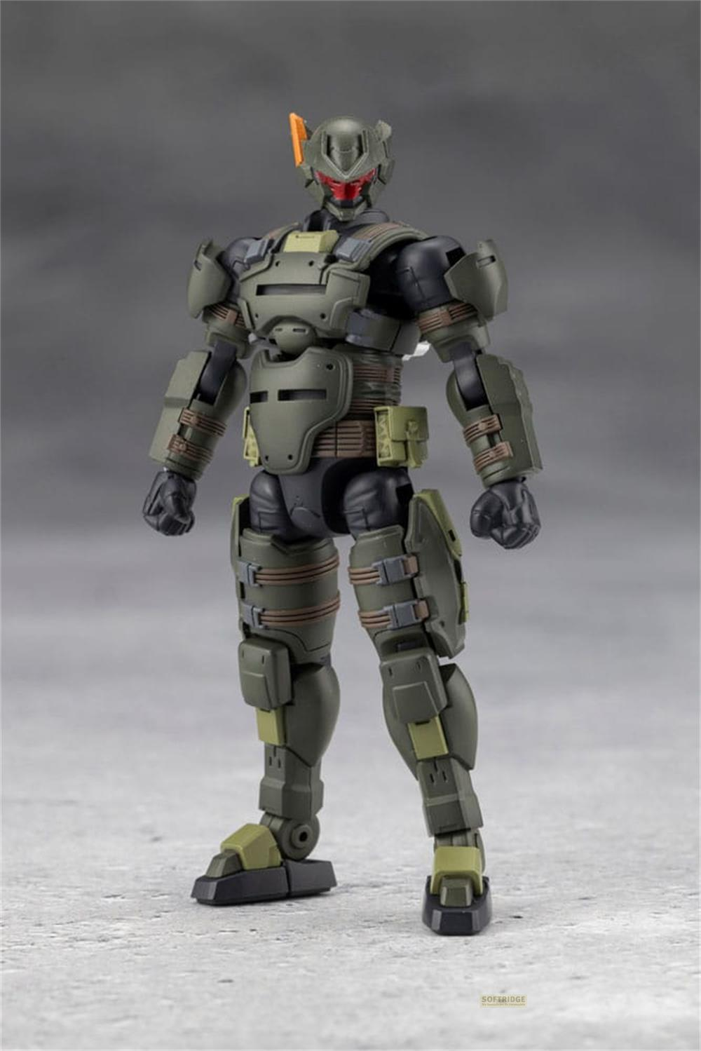 Figurine verte de SF avec yeux rouges et accents oranges, armure détaillée.