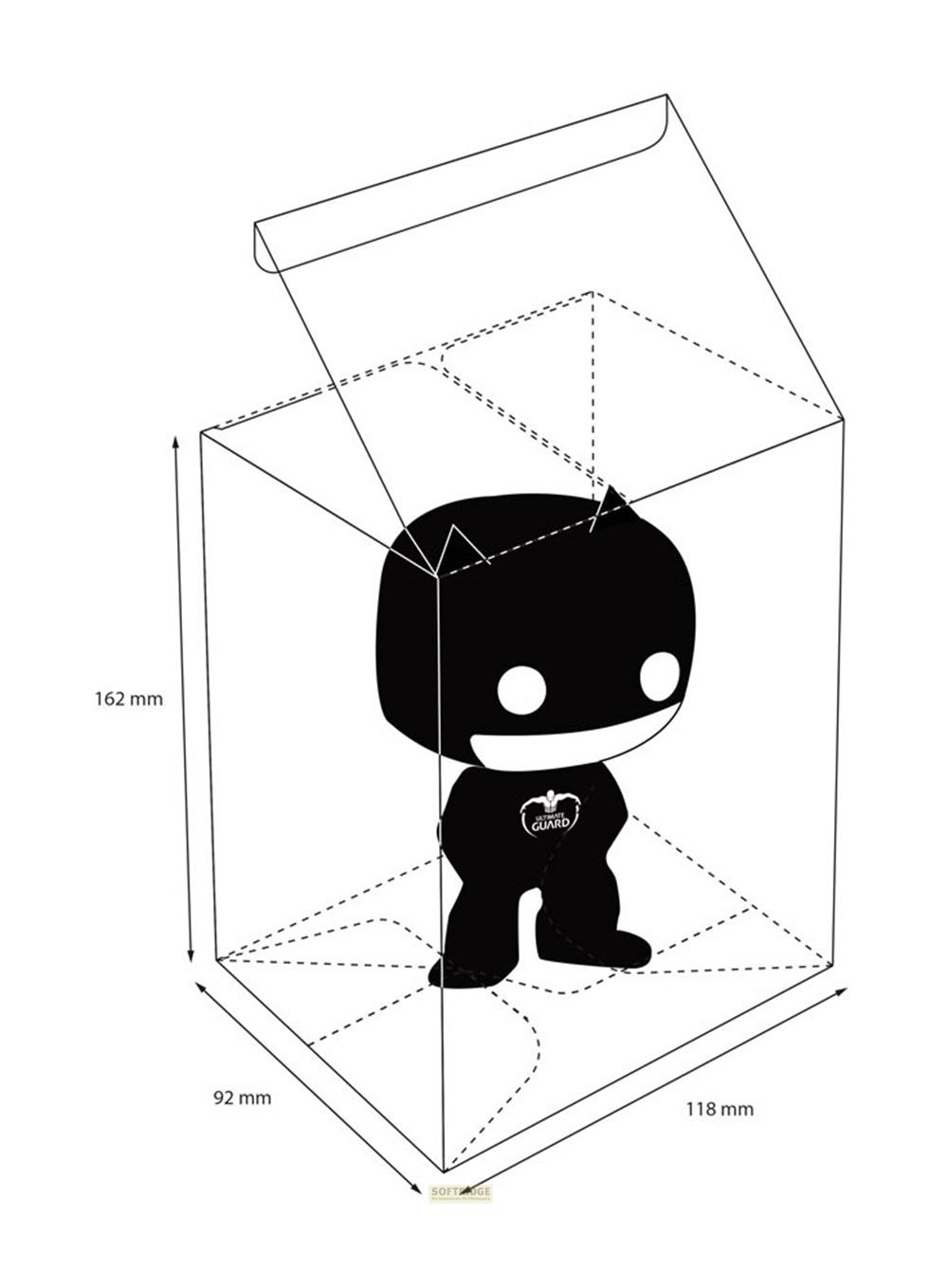 Croquis noir et blanc d'une figurine Funko dans un étui protecteur avec dimensions.