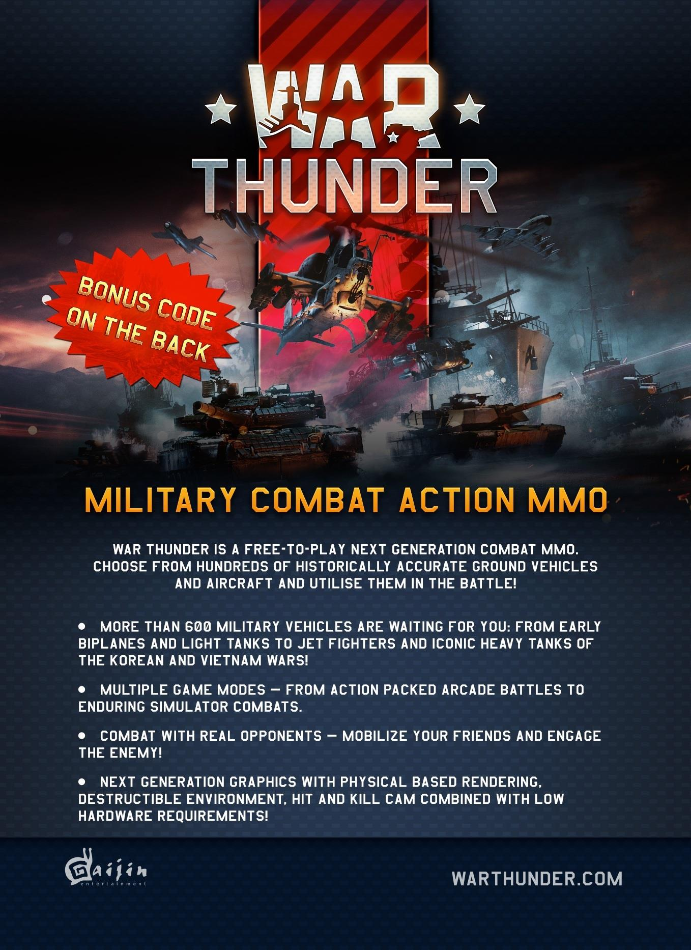 Reklama gry War Thunder z czołgami, helikopterami i statkami.