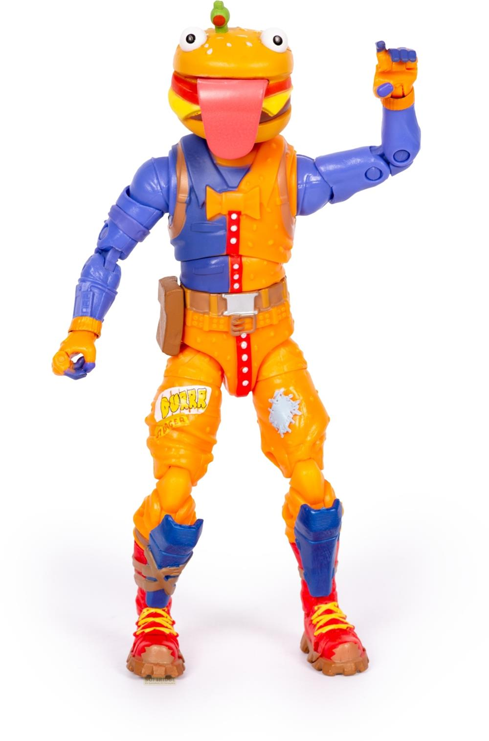Eine Actionfigur mit Burgerkopf, blauen Armen und orangefarbenem Körper.